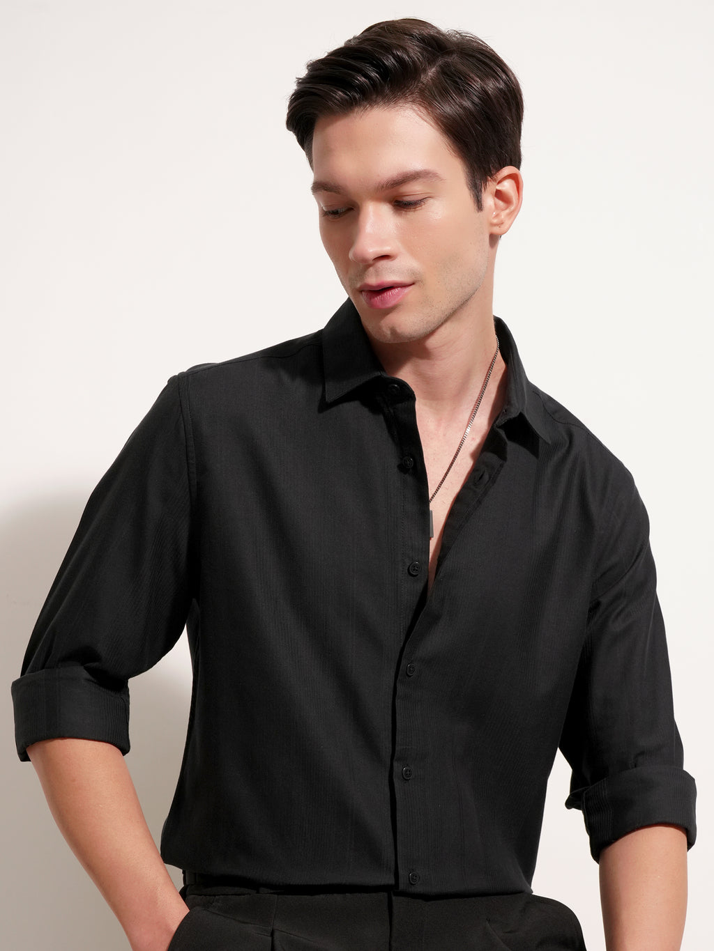 Highlander Men Black Self Design Slim Fit Casual Shirt - Black - Image 1