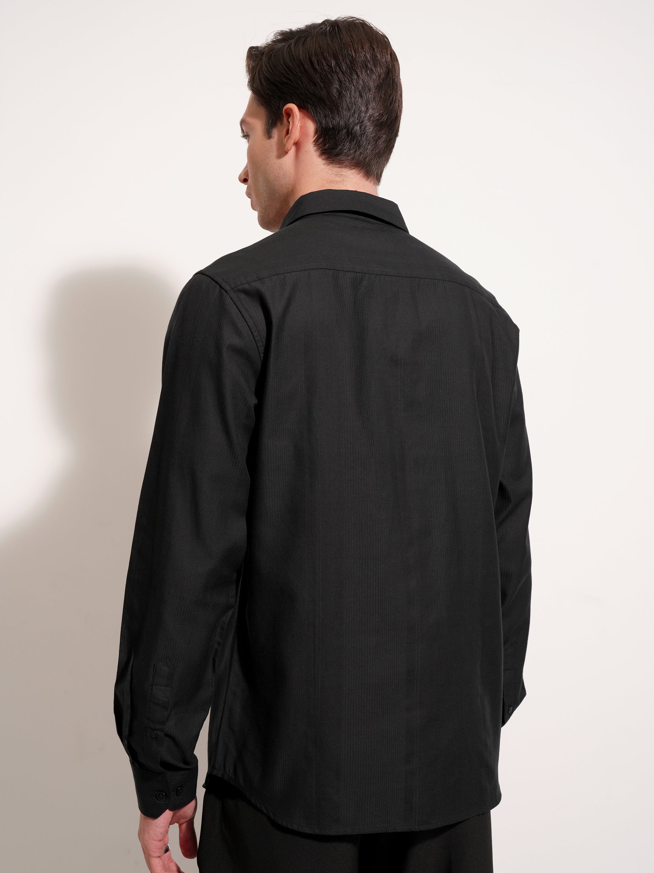 Highlander Men Black Self Design Slim Fit Casual Shirt - Black - Image 3