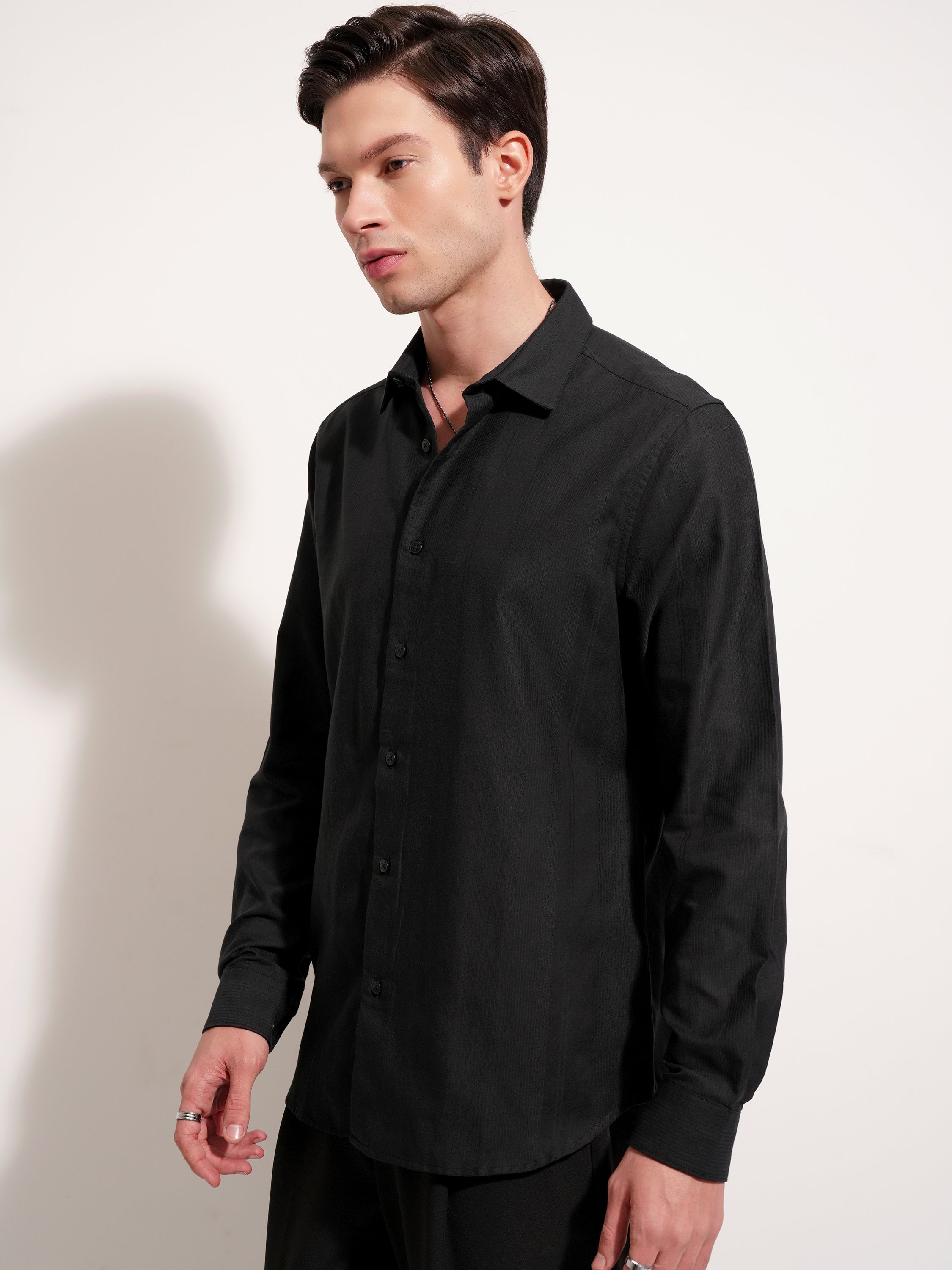 Highlander Men Black Self Design Slim Fit Casual Shirt - Black - Image 4