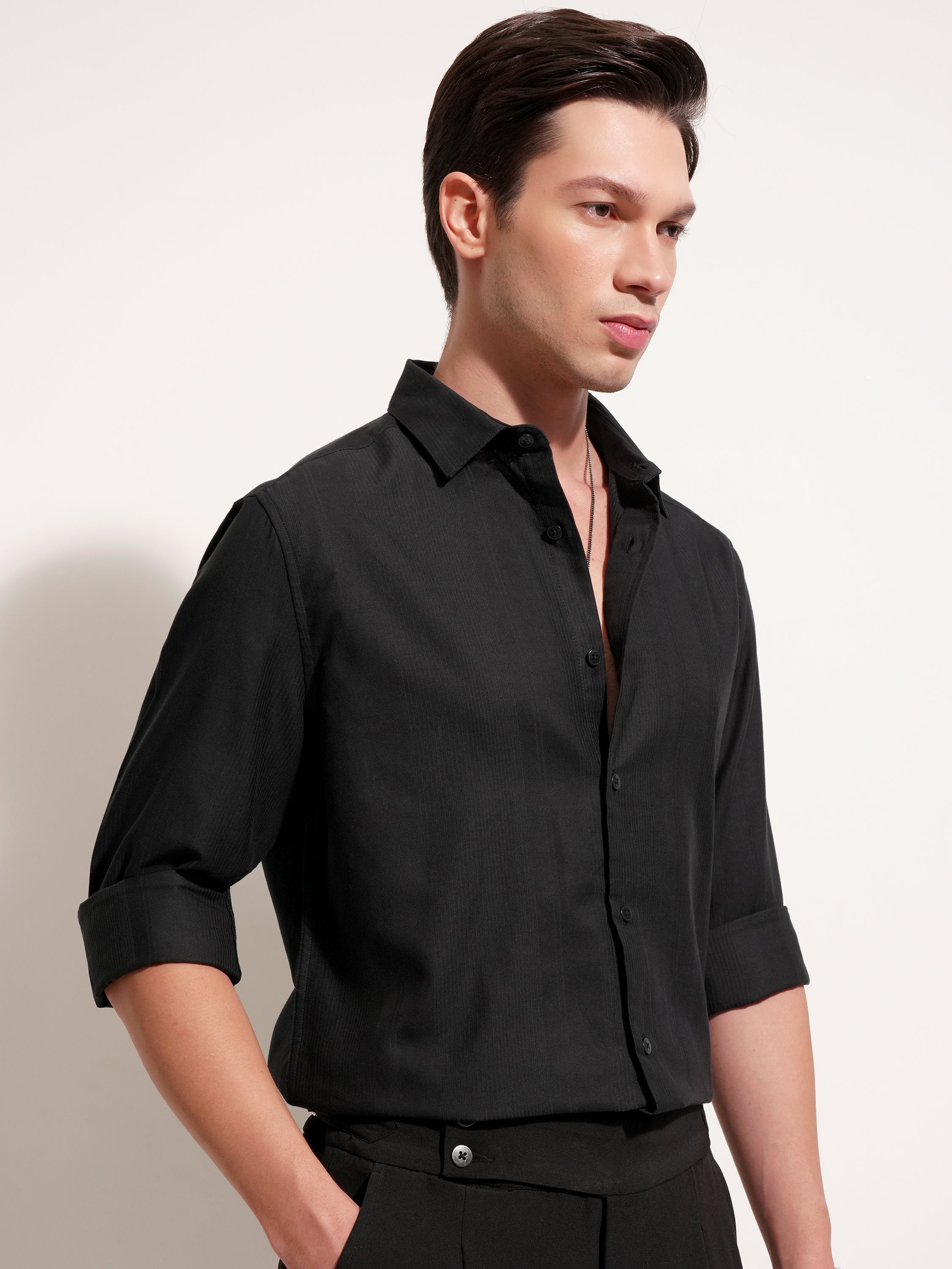 Highlander Men Black Self Design Slim Fit Casual Shirt - Black - Image 6