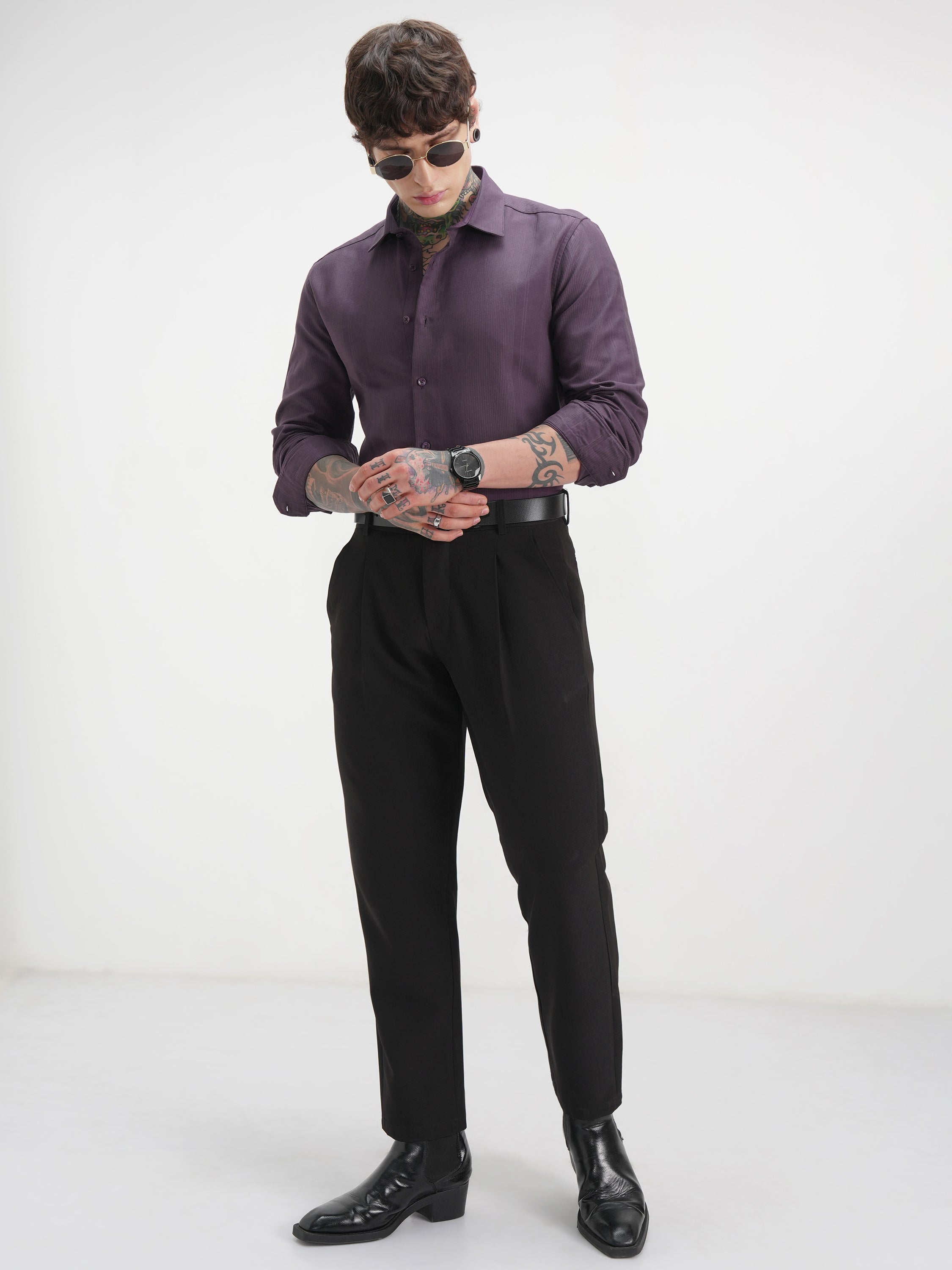 Highlander Men Purple Self Design Slim Fit Casual Shirt - Purple - Image 2