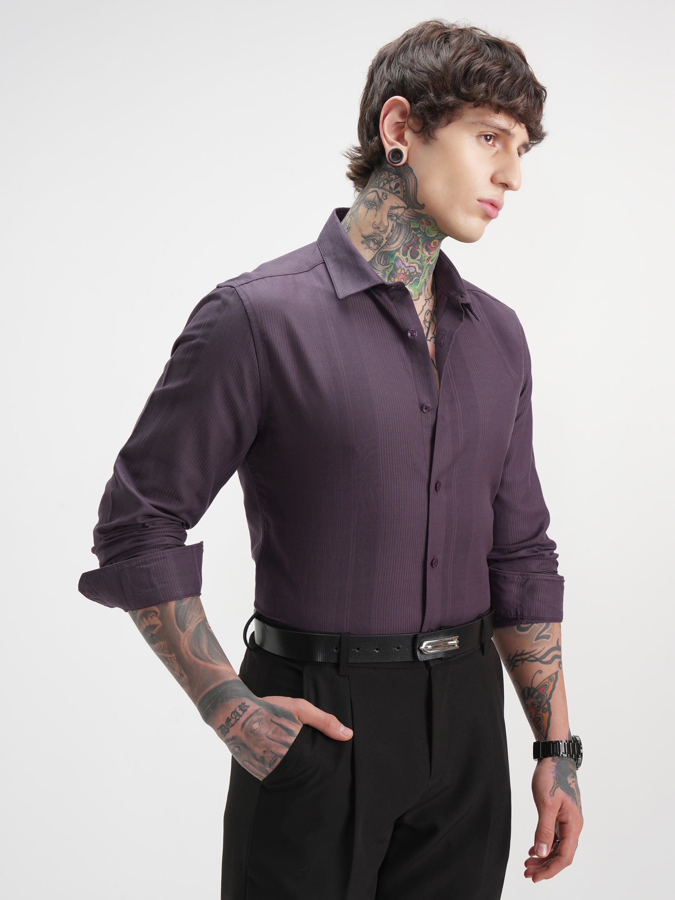 Highlander Men Purple Self Design Slim Fit Casual Shirt - Purple - Image 6