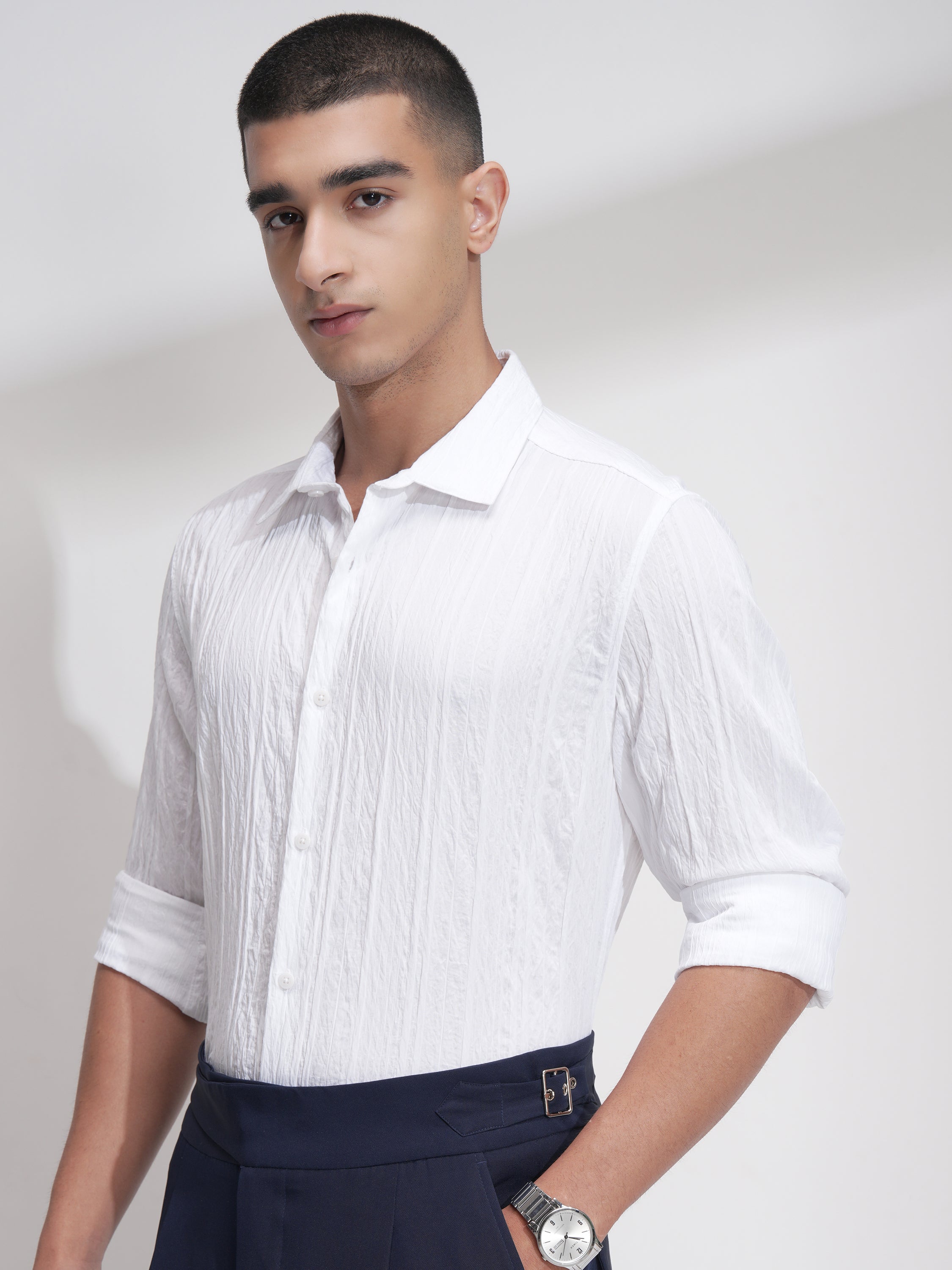 Highlander Men White Striped Slim Fit Casual Shirt - White - Image 4
