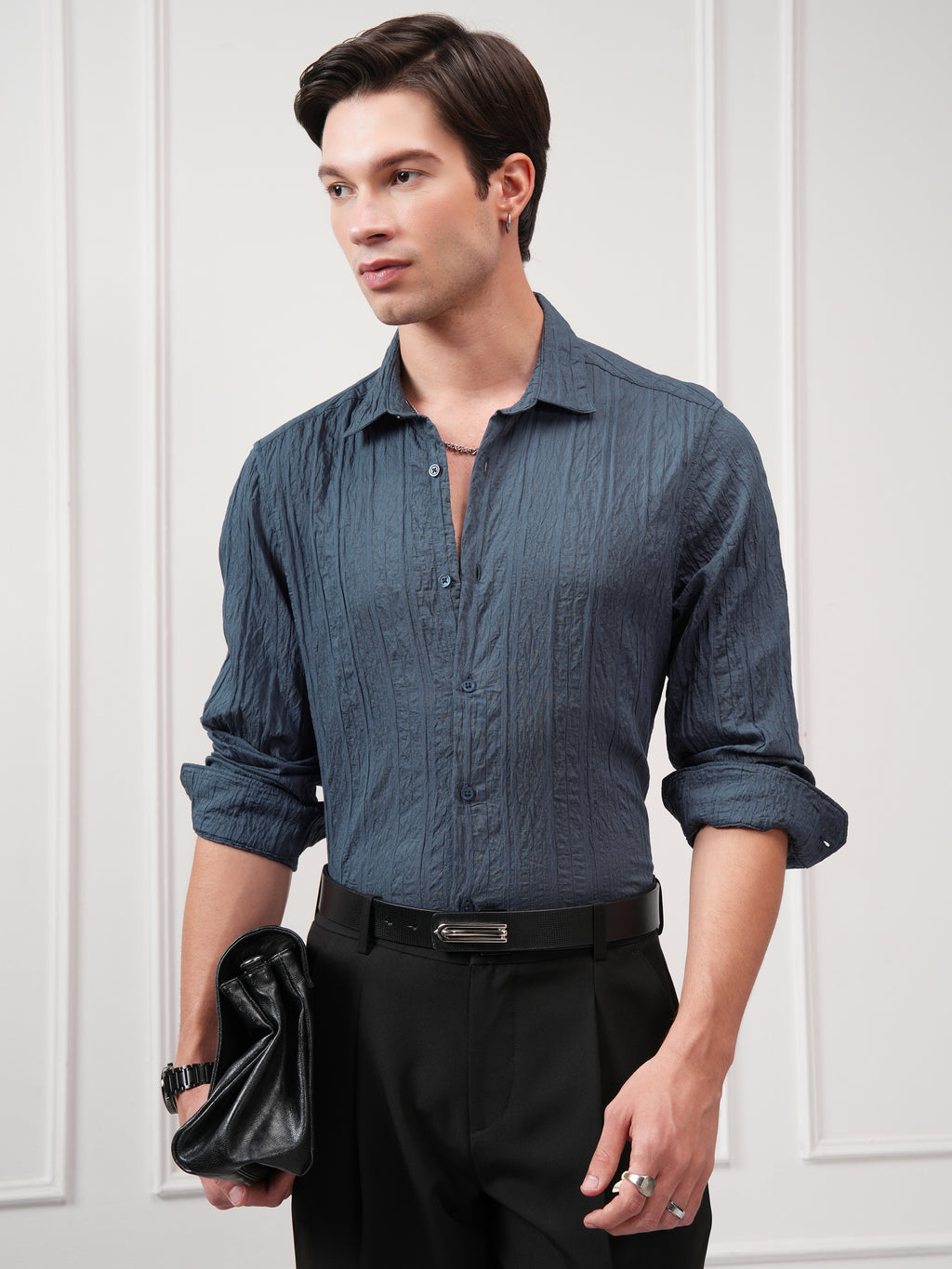 Highlander Men Teal Textured Slim Fit Casual Shirt - Teal - Image 1