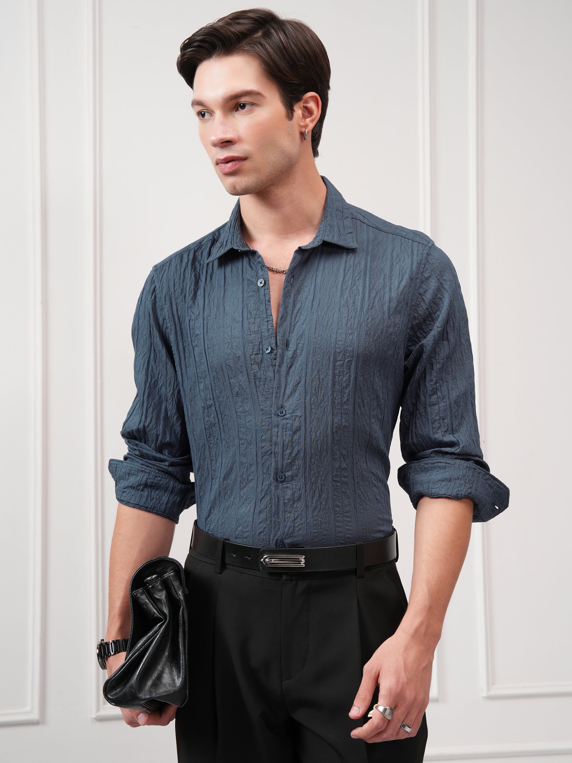 Highlander Men Teal Textured Slim Fit Casual Shirt - Teal - Image 1