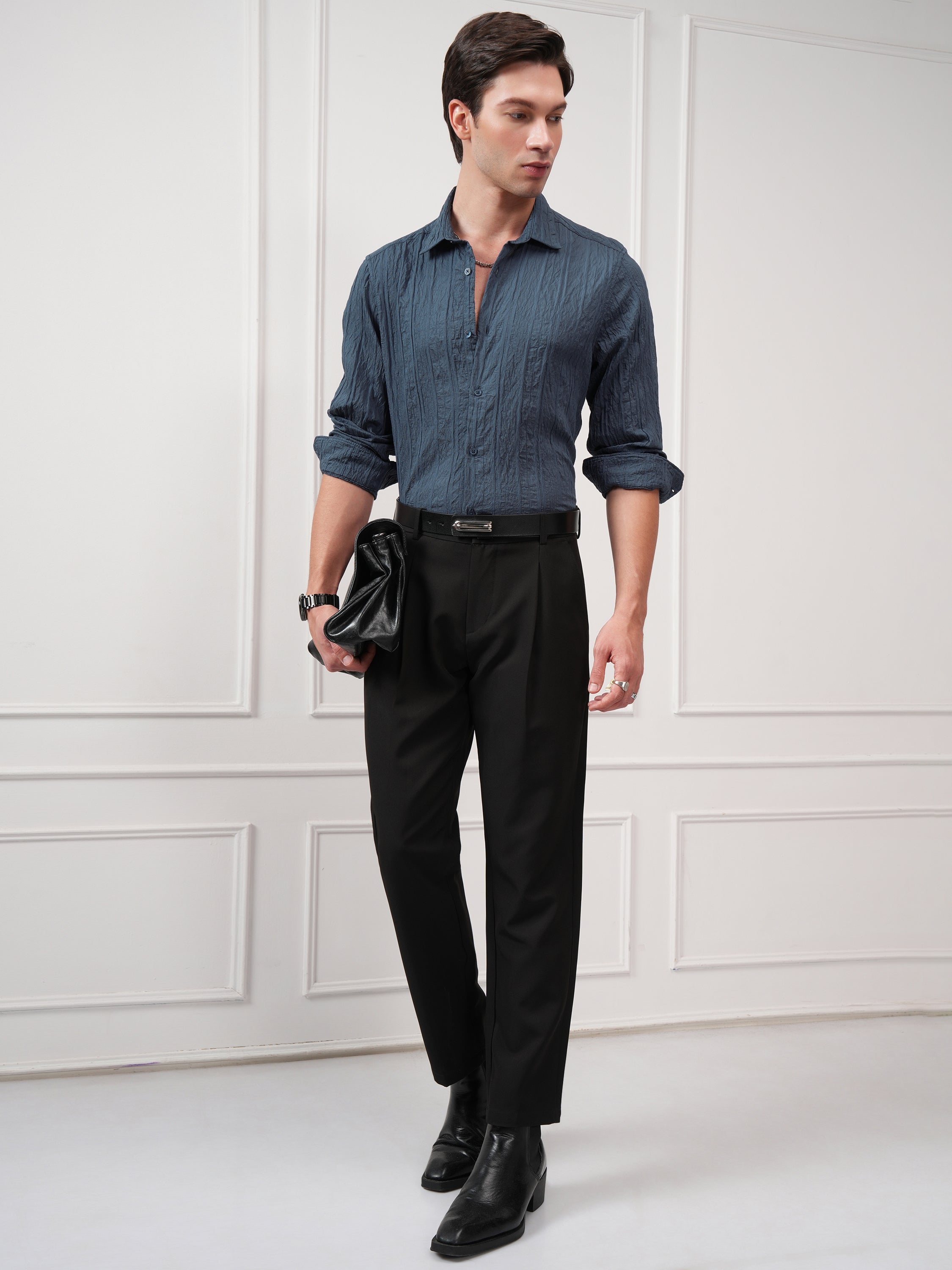 Highlander Men Teal Textured Slim Fit Casual Shirt - Teal - Image 2