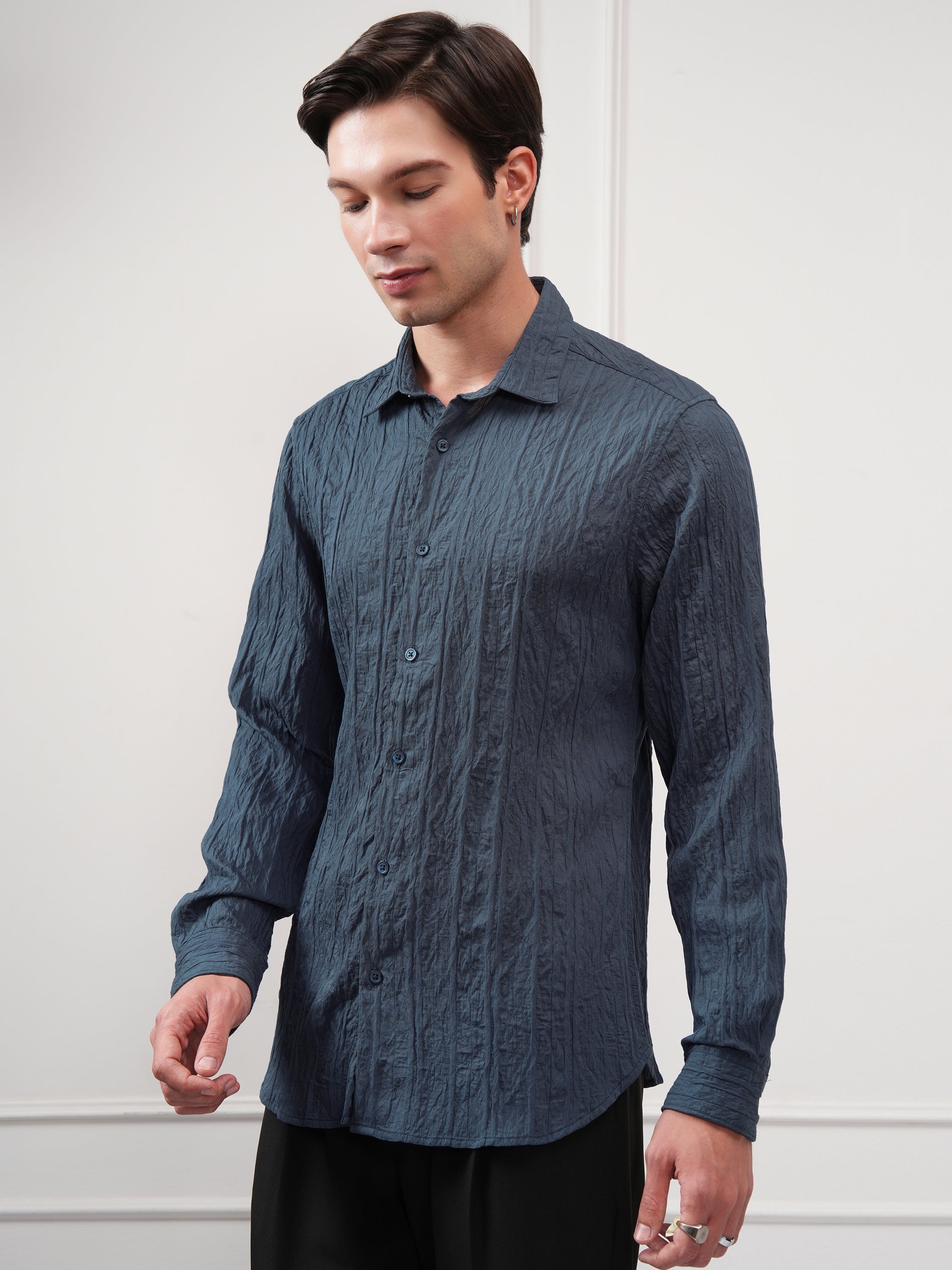 Highlander Men Teal Textured Slim Fit Casual Shirt - Teal - Image 4