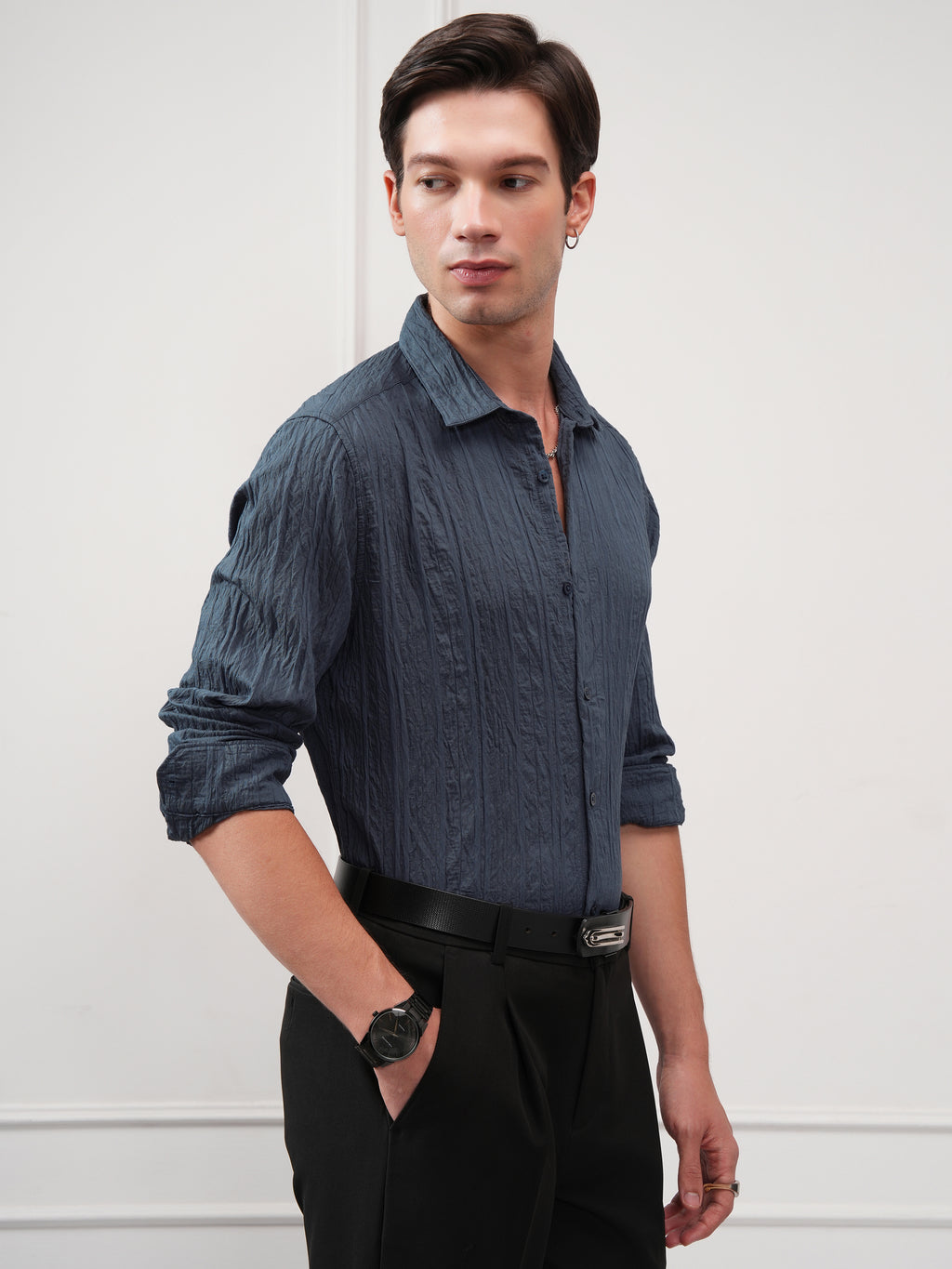 Highlander Men Teal Textured Slim Fit Casual Shirt - Teal - Image 6
