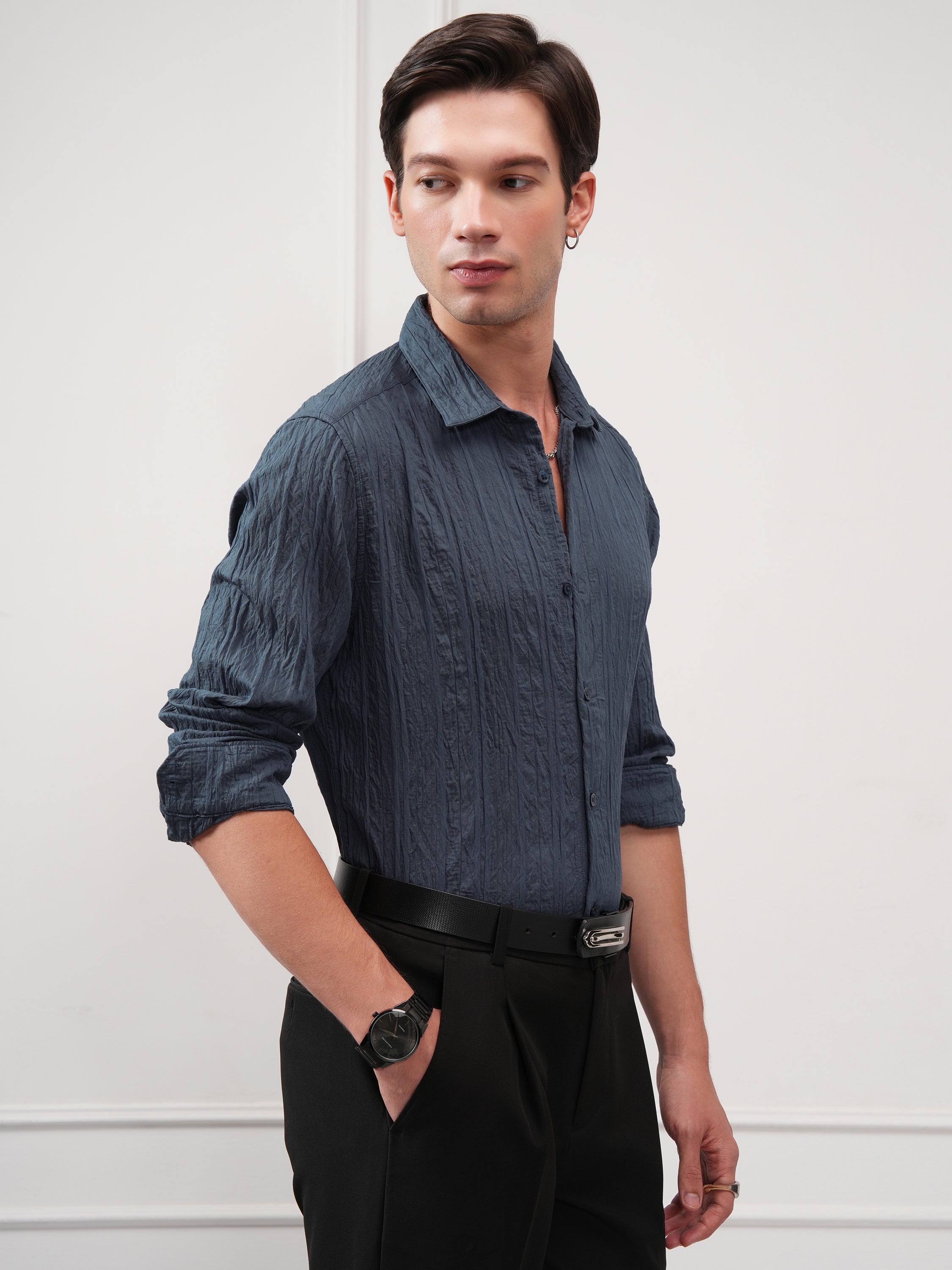 Highlander Men Teal Textured Slim Fit Casual Shirt - Teal - Image 6