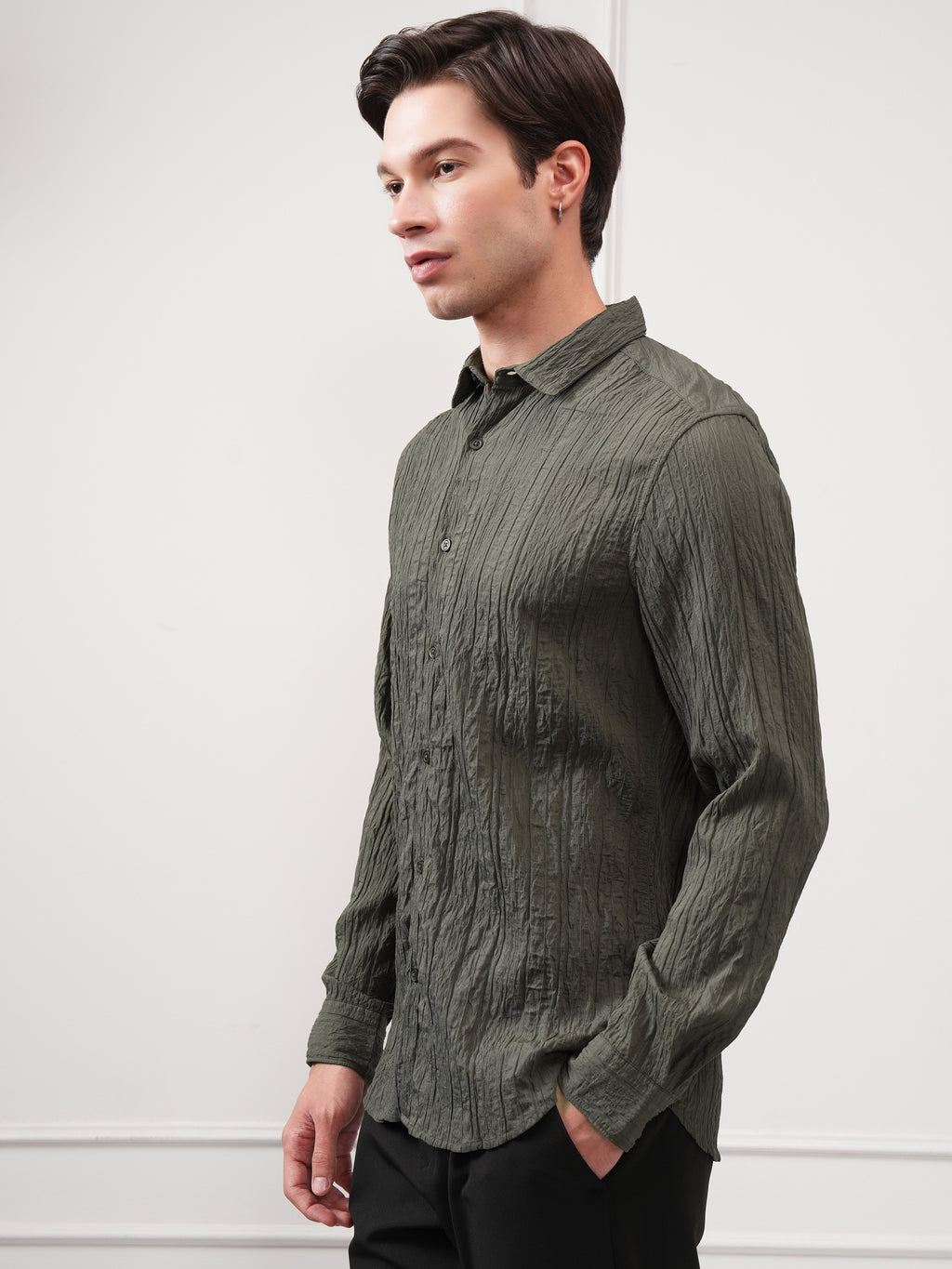 Highlander Men Olive Self Design Slim Fit Casual Shirt - Olive - Image 4