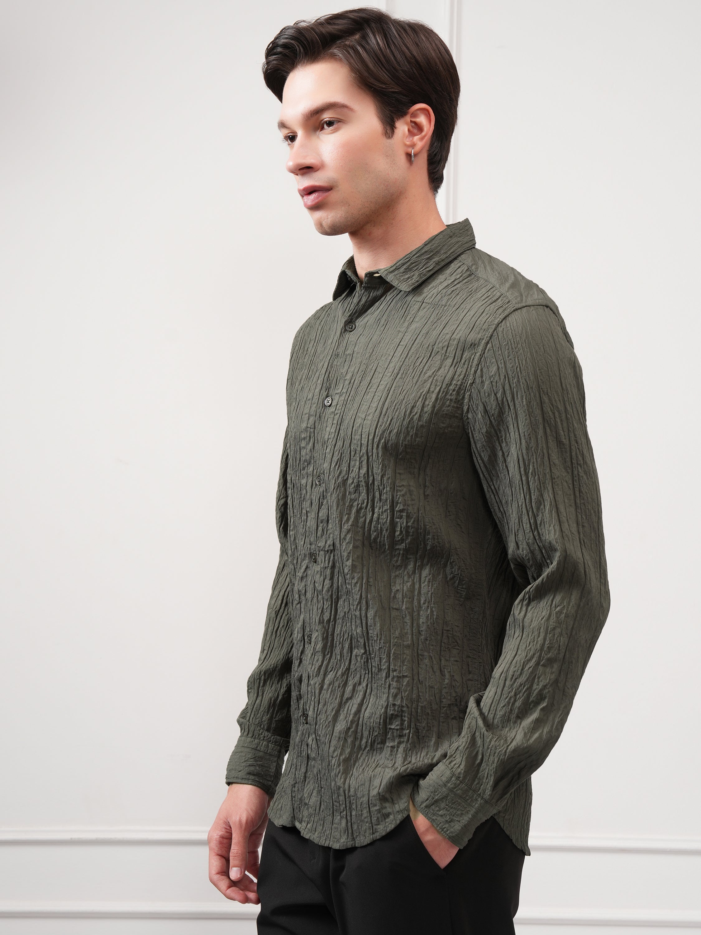Highlander Men Olive Self Design Slim Fit Casual Shirt - Olive - Image 4