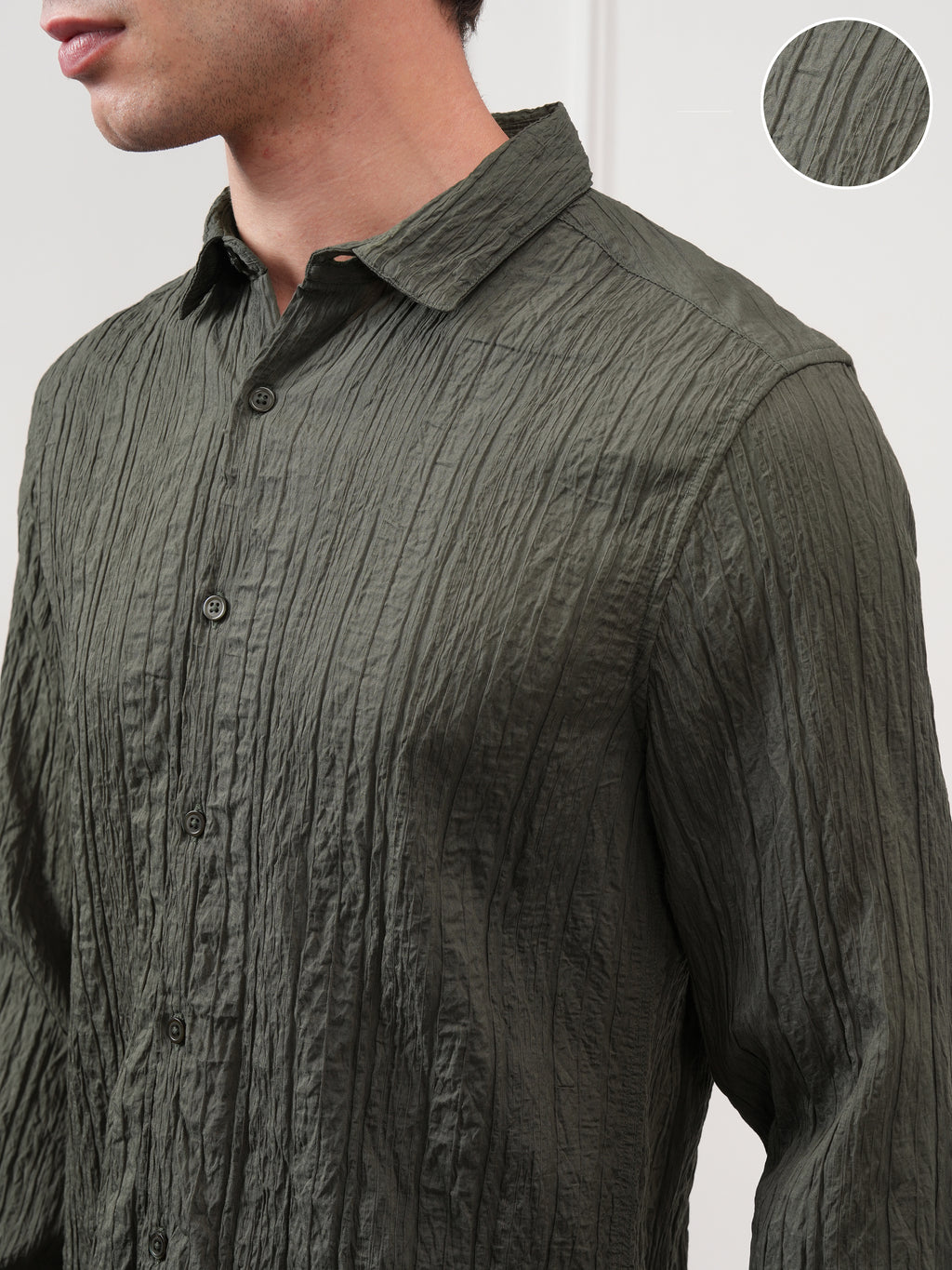 Highlander Men Olive Self Design Slim Fit Casual Shirt - Olive - Image 5