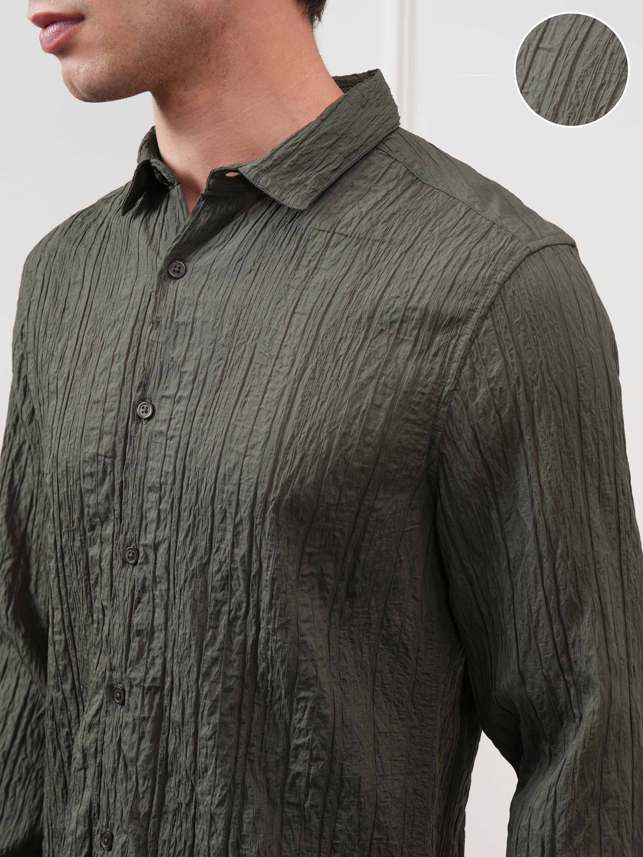 Highlander Men Olive Self Design Slim Fit Casual Shirt - Olive - Image 5