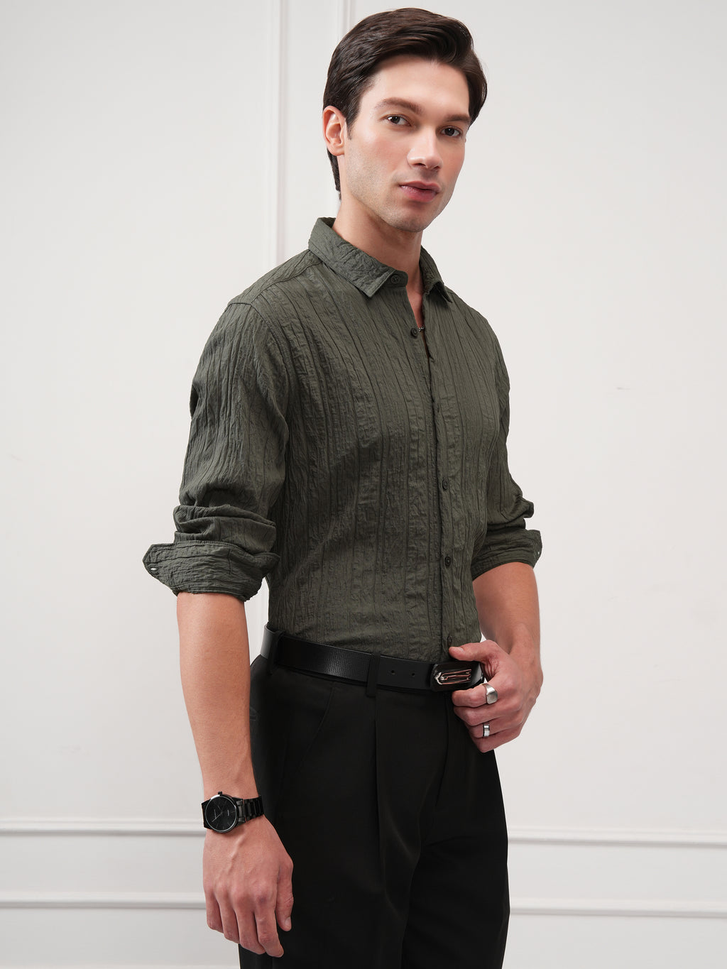 Highlander Men Olive Self Design Slim Fit Casual Shirt - Olive - Image 6