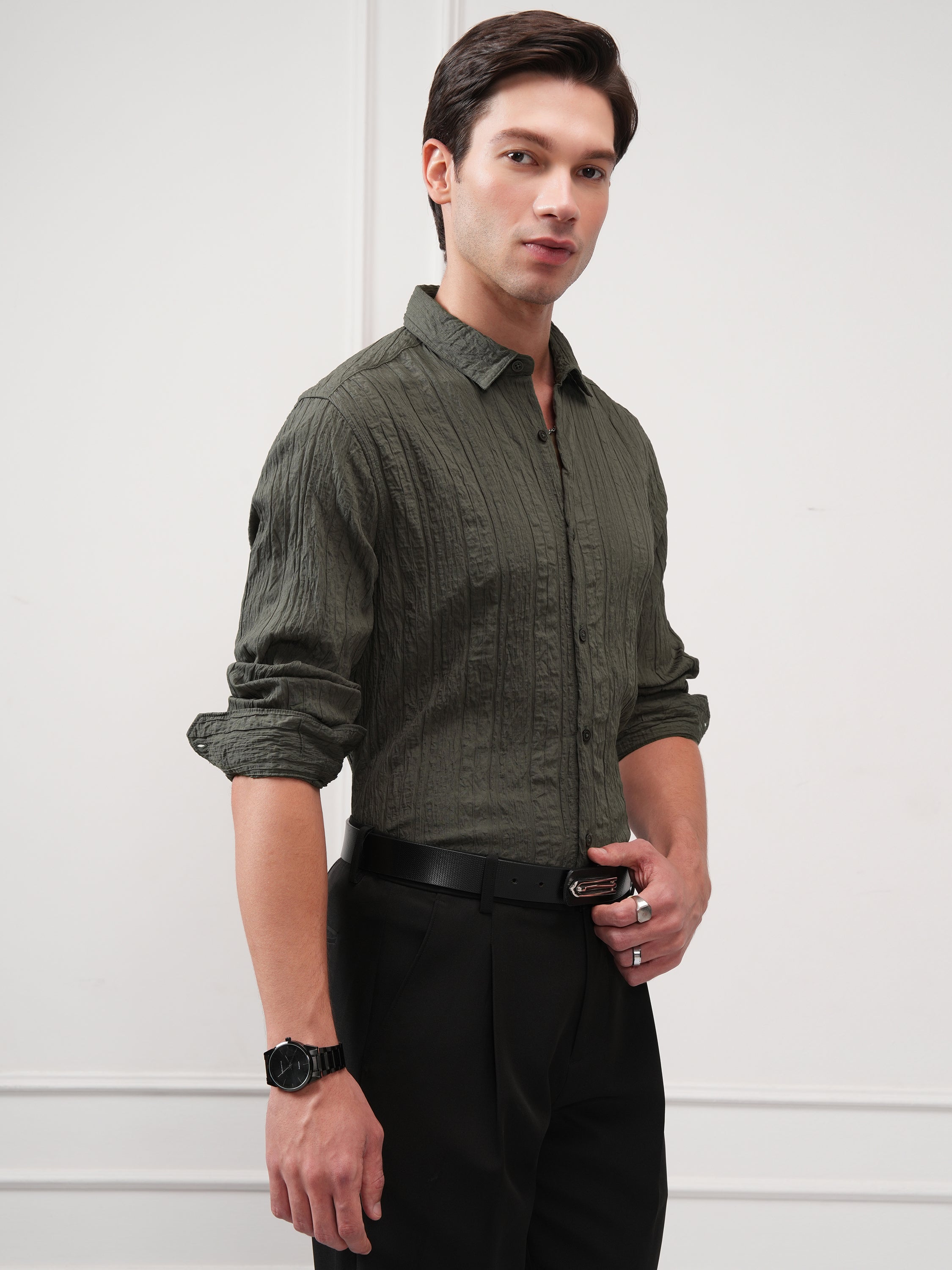 Highlander Men Olive Self Design Slim Fit Casual Shirt - Olive - Image 6