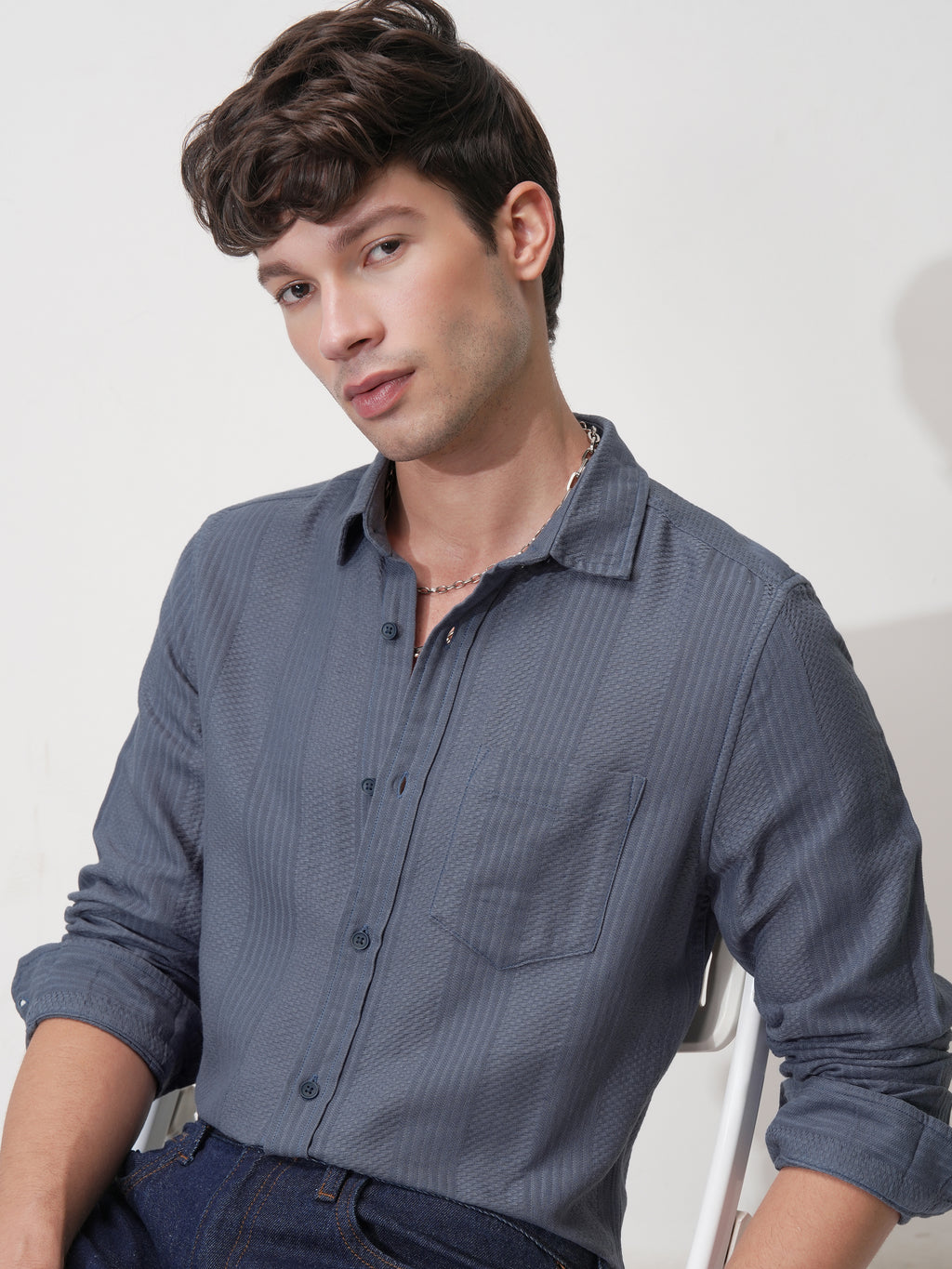 Highlander Men Blue Self Design Slim Fit Casual Shirt - Blue - Image 1