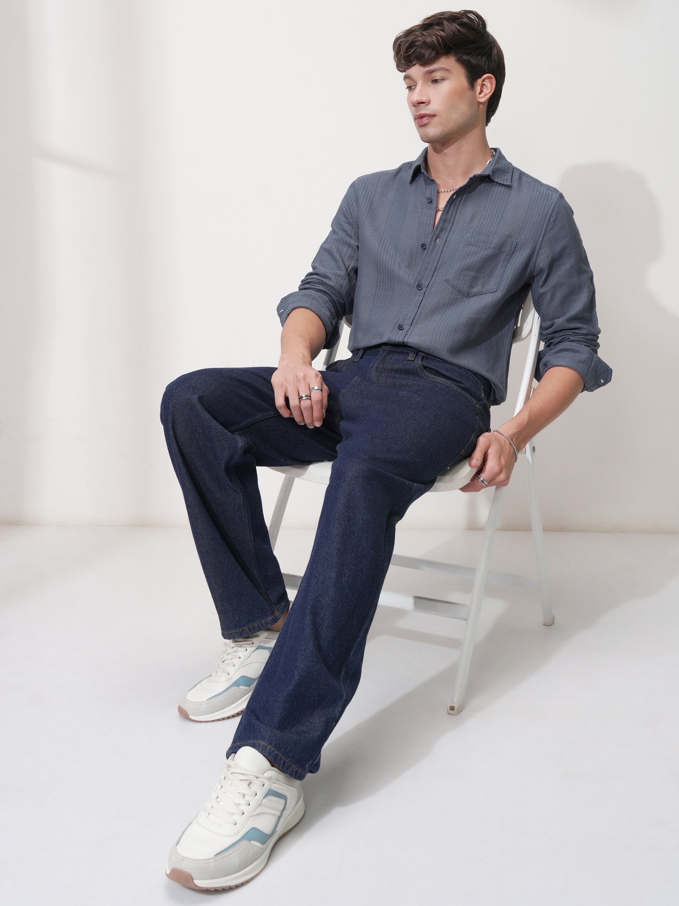 Highlander Men Blue Self Design Slim Fit Casual Shirt - Blue - Image 2