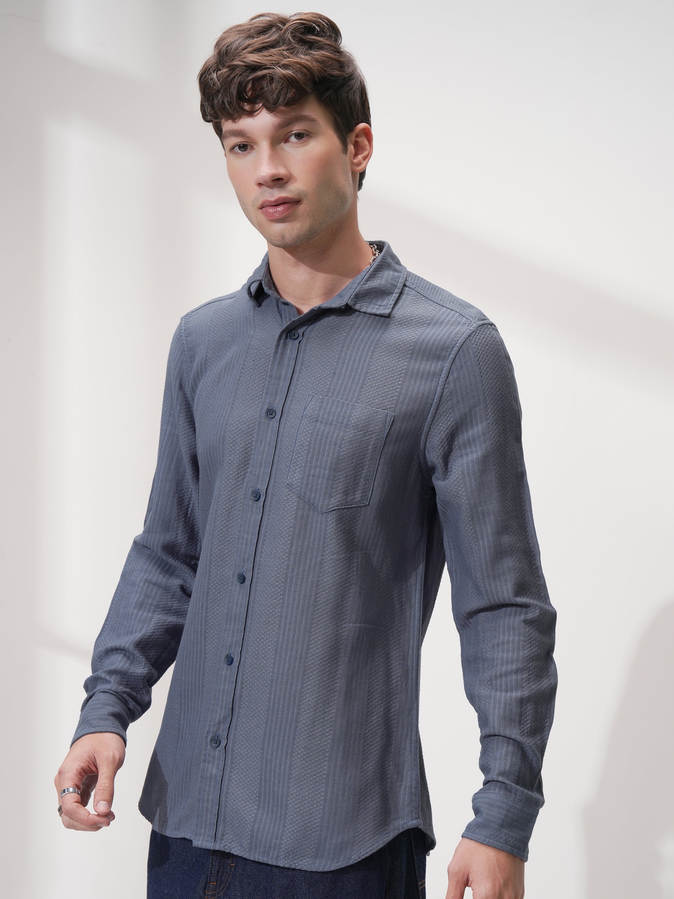 Highlander Men Blue Self Design Slim Fit Casual Shirt - Blue - Image 4