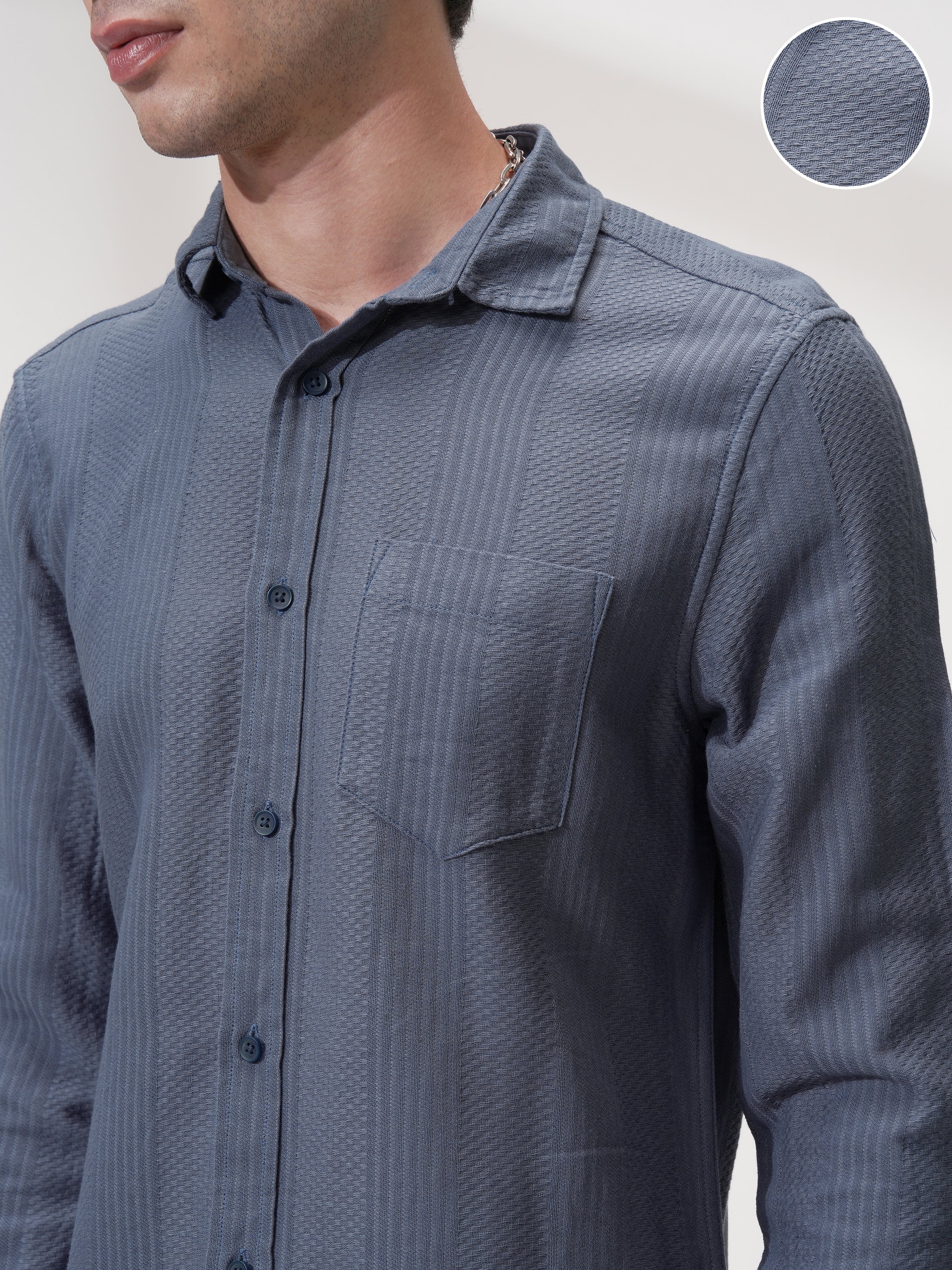 Highlander Men Blue Self Design Slim Fit Casual Shirt - Blue - Image 5