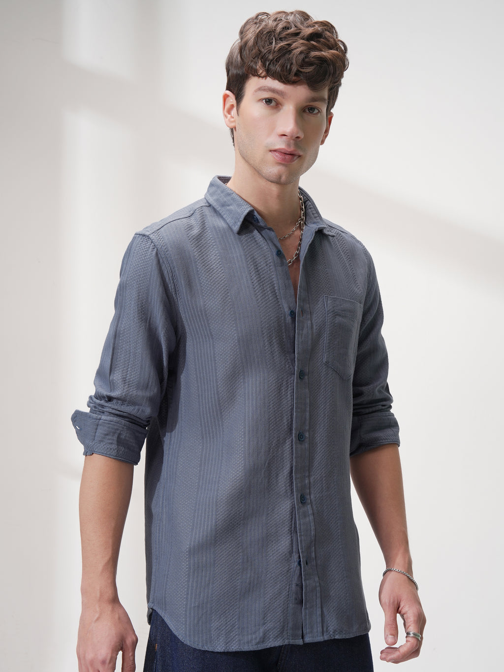 Highlander Men Blue Self Design Slim Fit Casual Shirt - Blue - Image 6