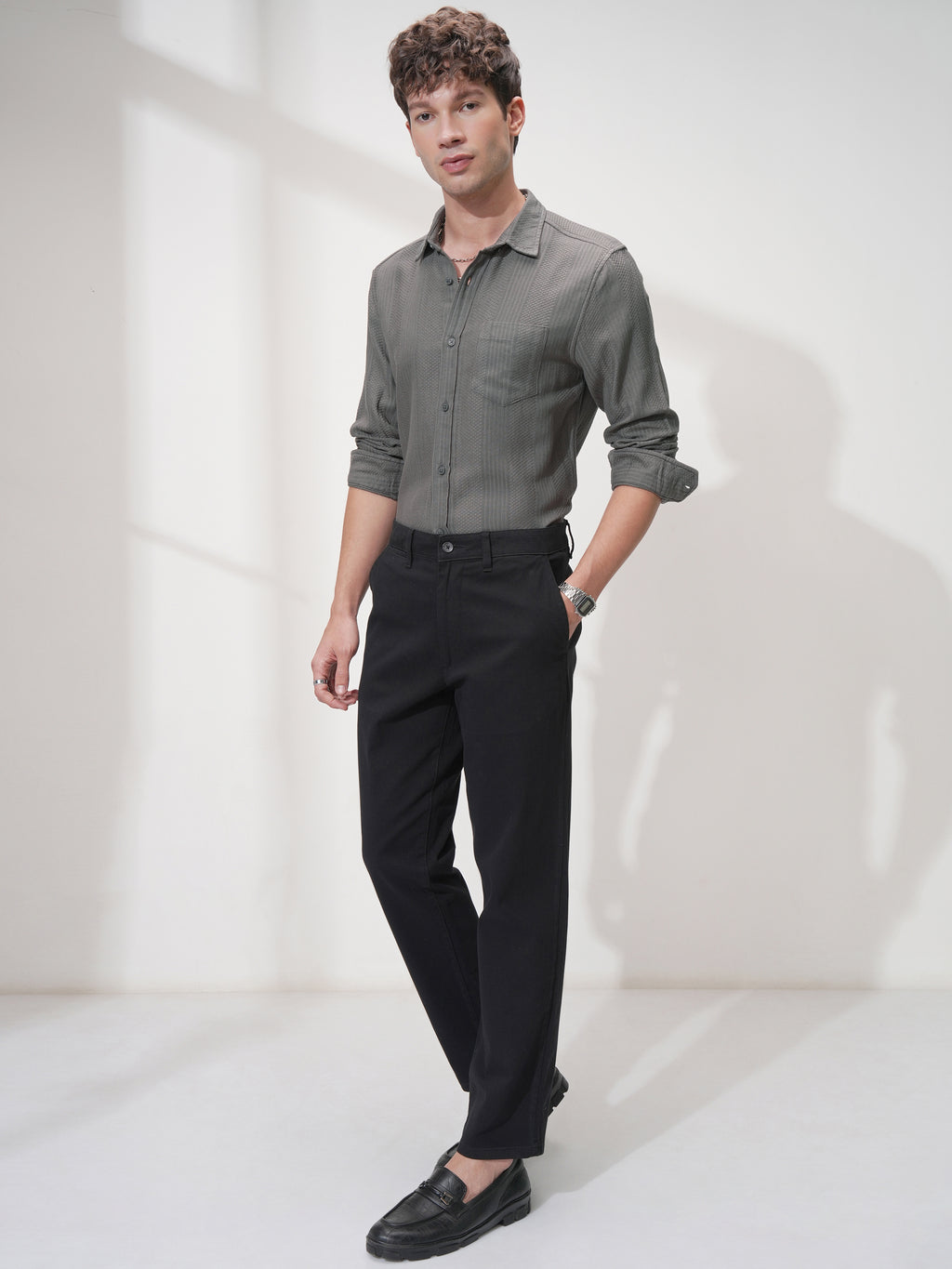Highlander Men Olive Self Design Slim Fit Casual Shirt - Olive - Image 2
