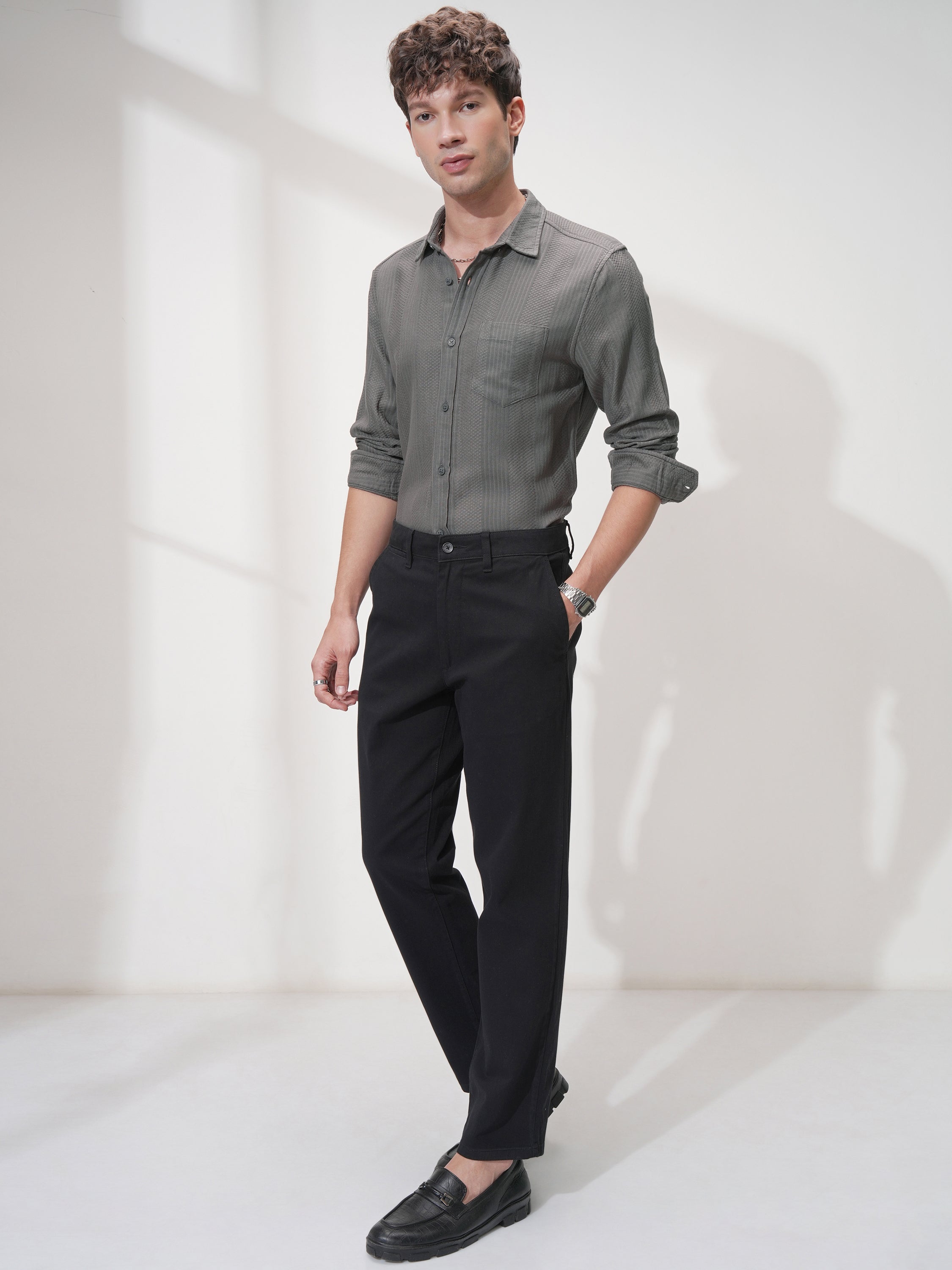 Highlander Men Olive Self Design Slim Fit Casual Shirt - Olive - Image 2