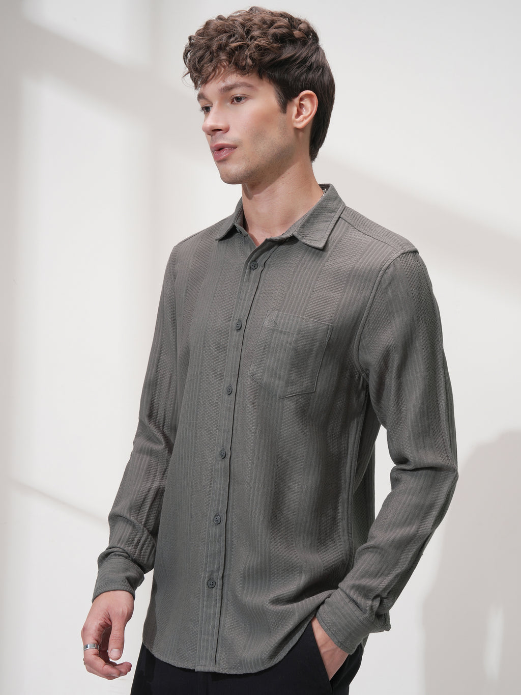 Highlander Men Olive Self Design Slim Fit Casual Shirt - Olive - Image 4