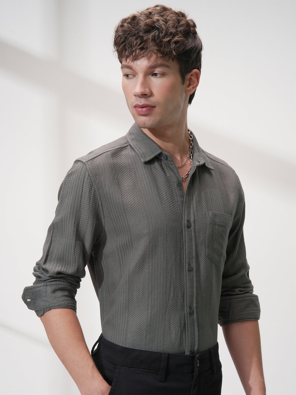 Highlander Men Olive Self Design Slim Fit Casual Shirt - Olive - Image 6
