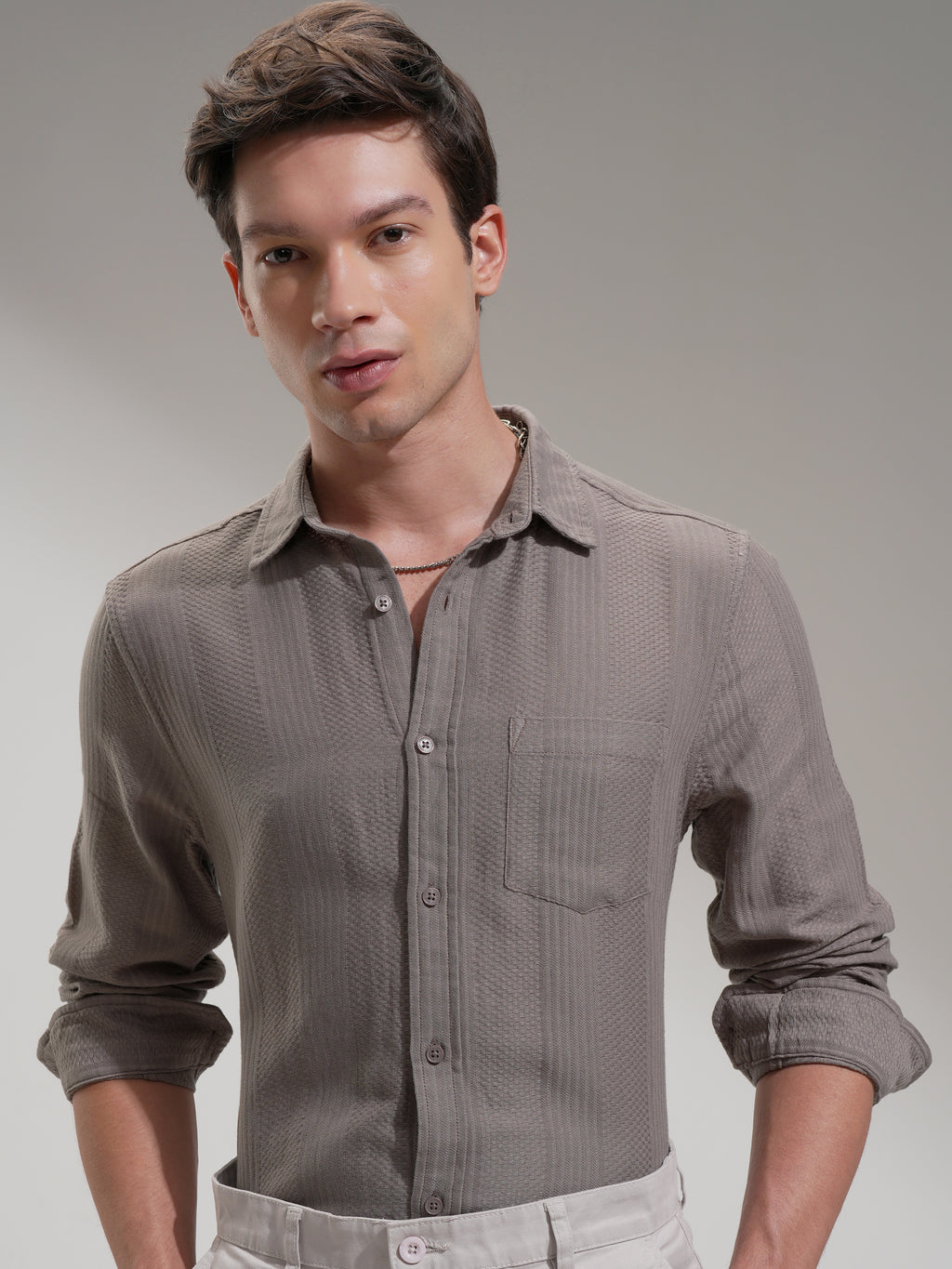Highlander Men Tan Self Design Slim Fit Casual Shirt - Tan - Image 1