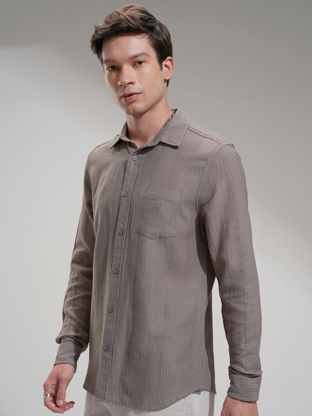 Highlander Men Tan Self Design Slim Fit Casual Shirt - Tan - Image 4