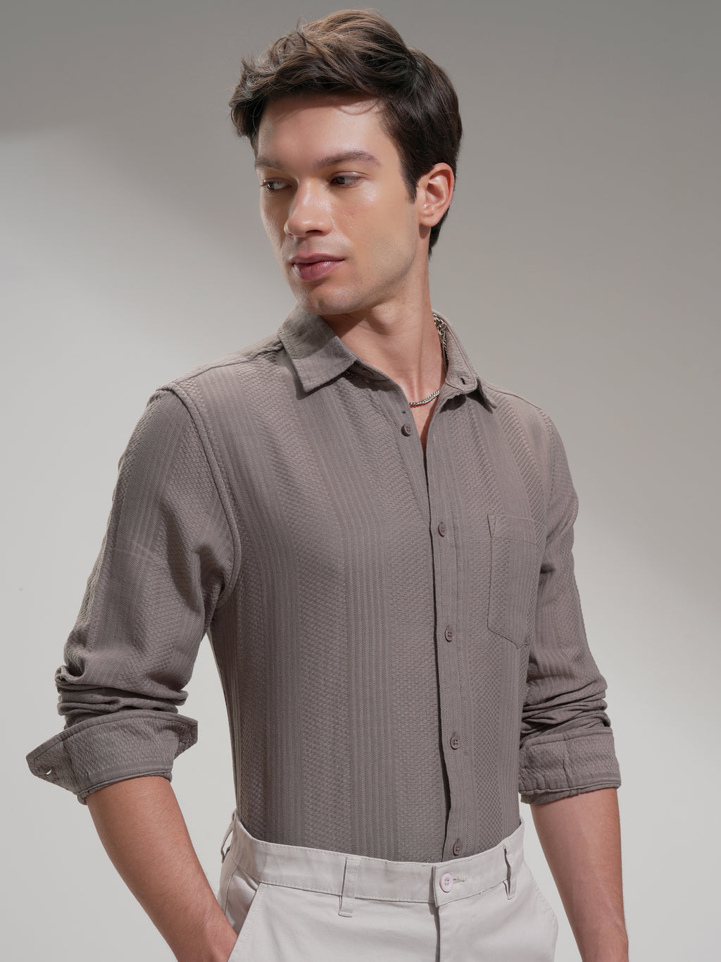 Highlander Men Tan Self Design Slim Fit Casual Shirt - Tan - Image 6
