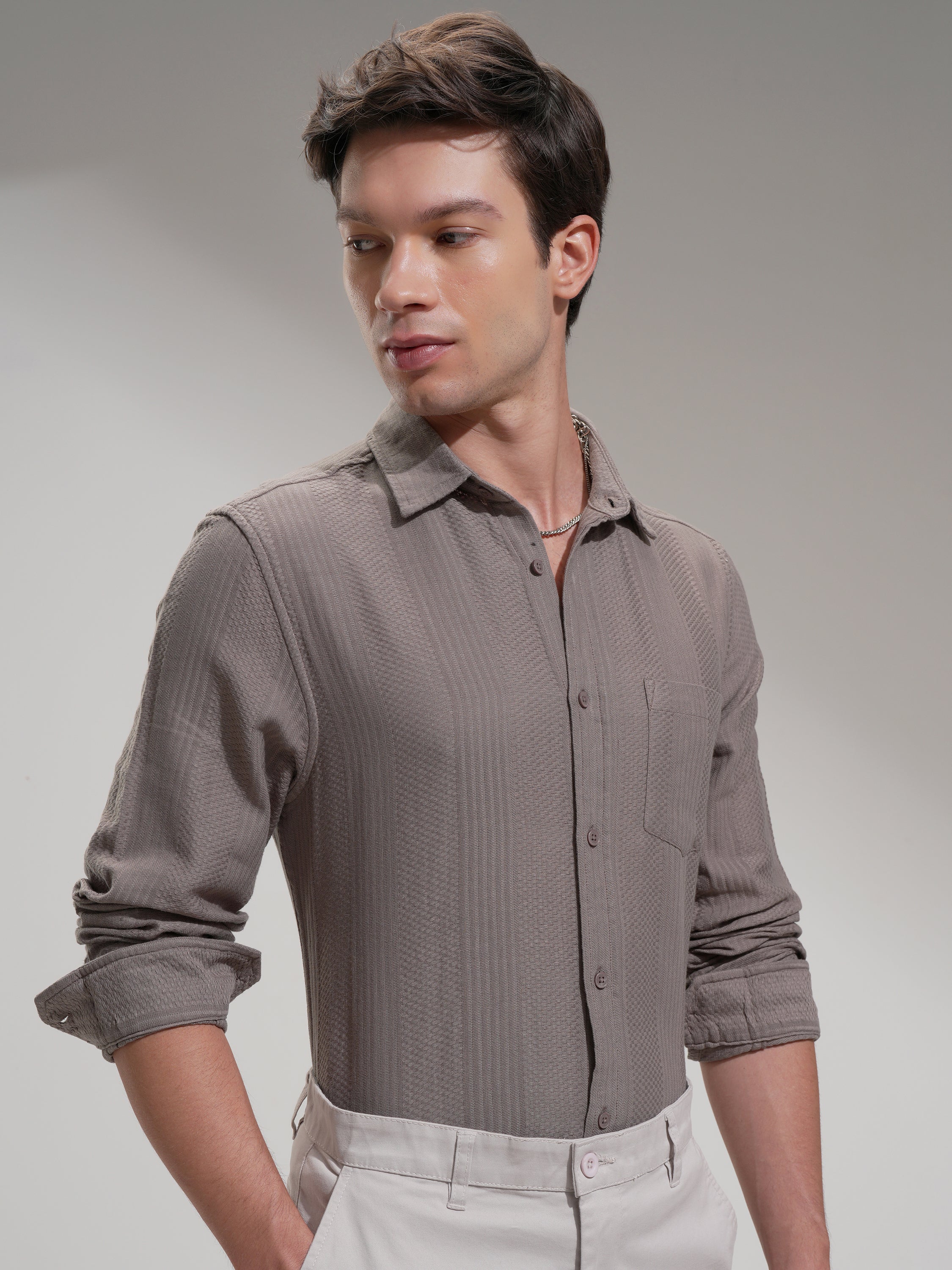 Highlander Men Tan Self Design Slim Fit Casual Shirt - Tan - Image 6
