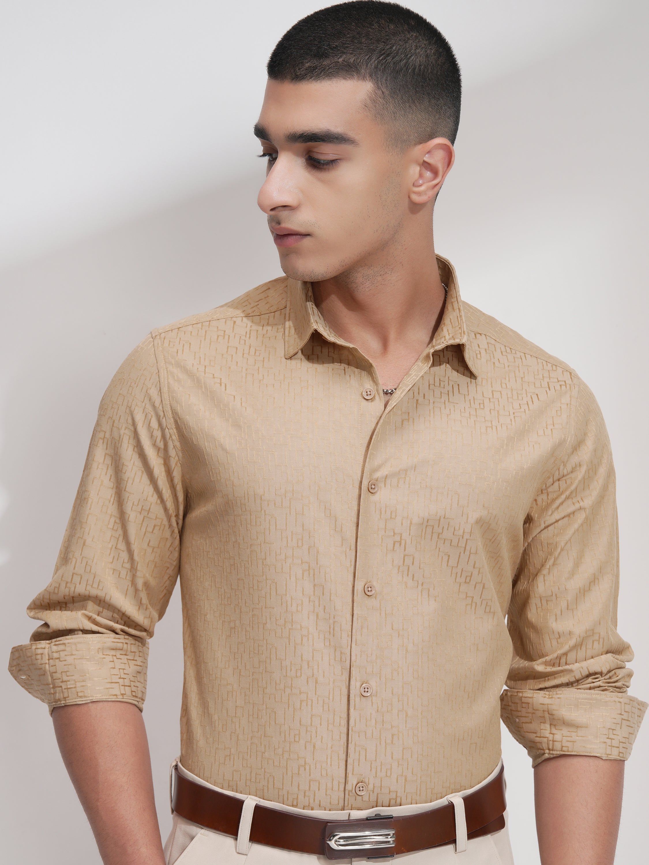 Highlander Men Beige Self Design Slim Fit Casual Shirt - Beige - Image 1