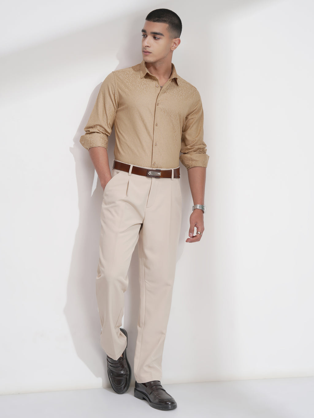 Highlander Men Beige Self Design Slim Fit Casual Shirt - Beige - Image 2