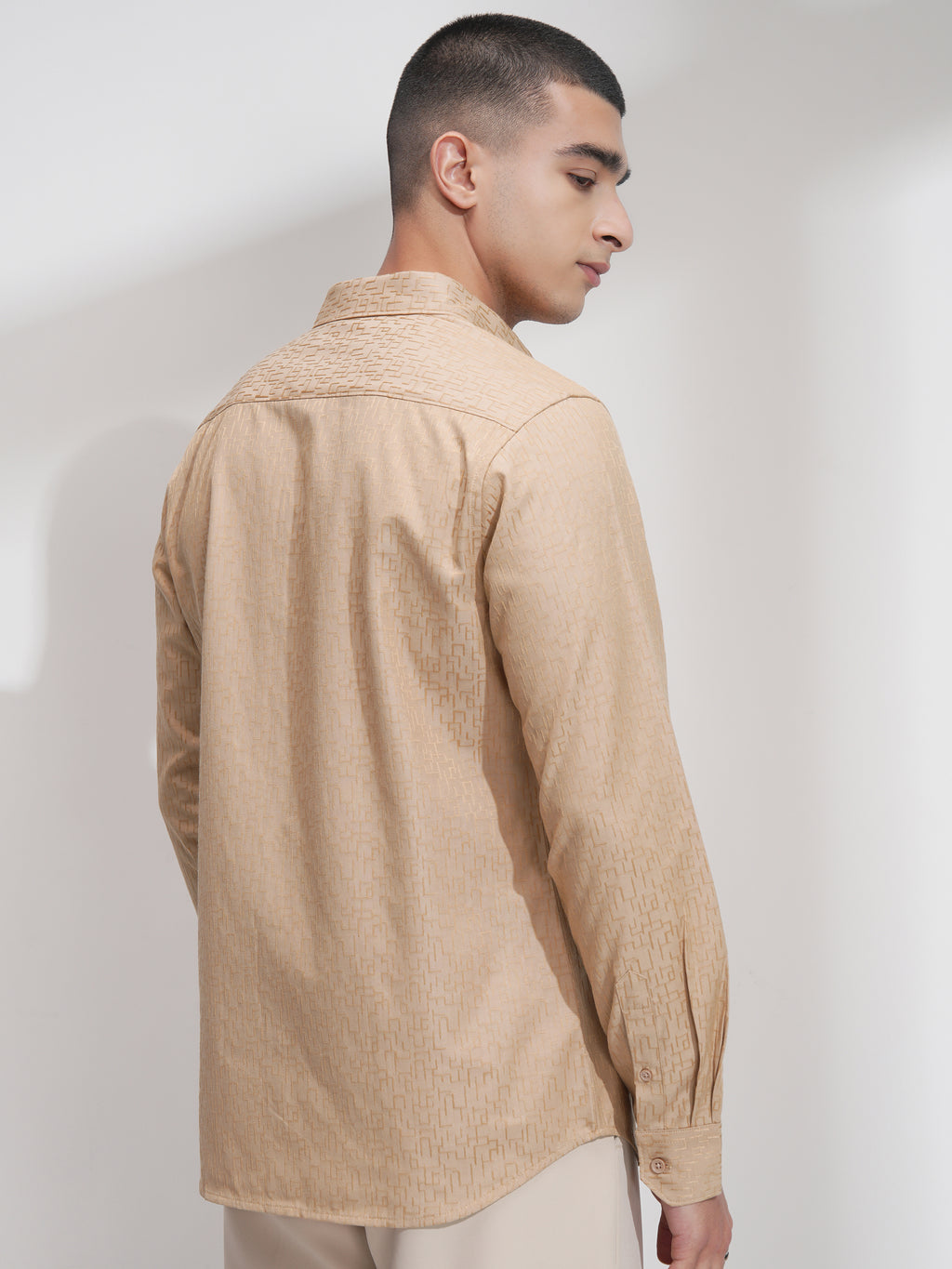 Highlander Men Beige Self Design Slim Fit Casual Shirt - Beige - Image 3