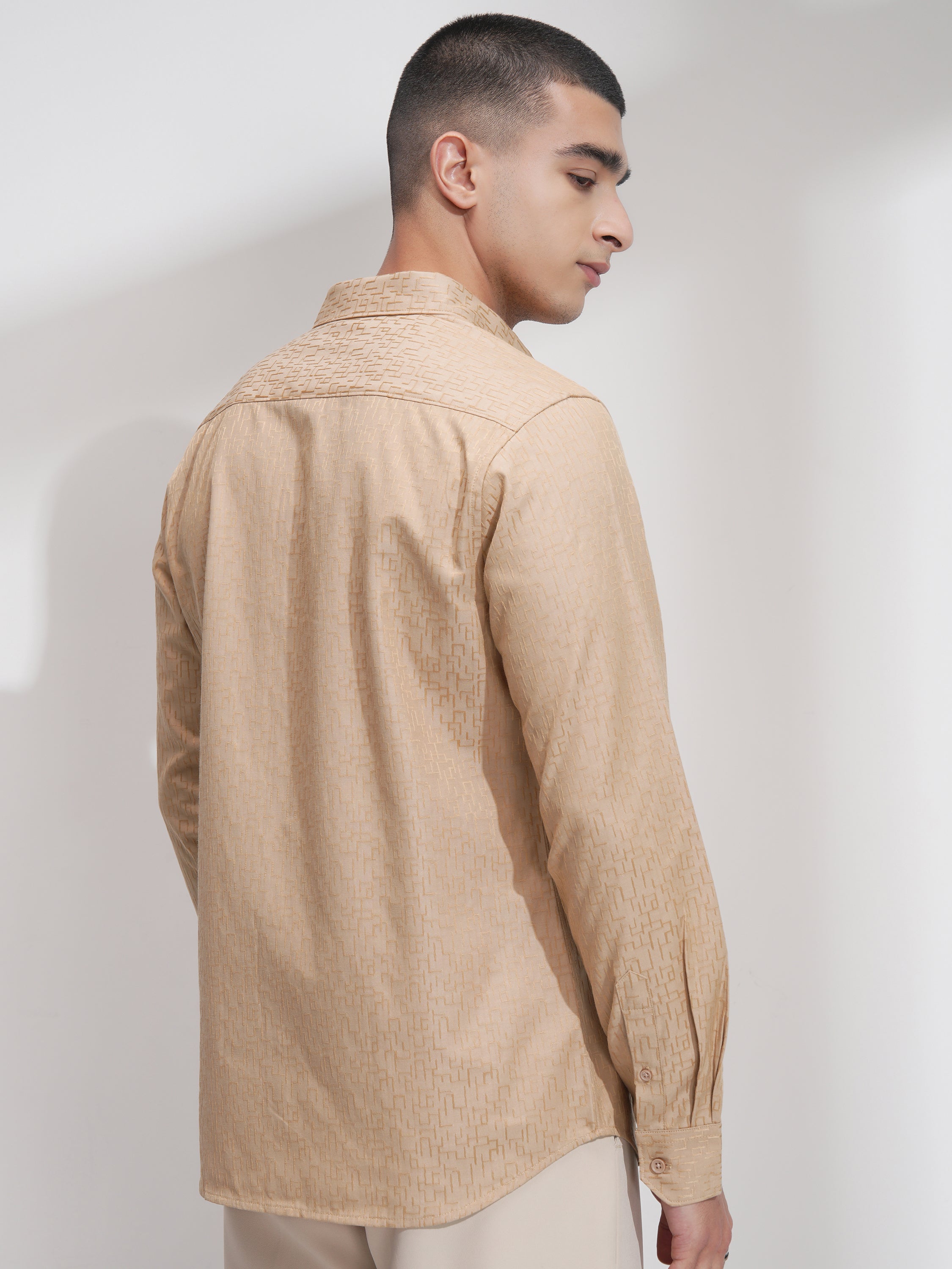 Highlander Men Beige Self Design Slim Fit Casual Shirt - Beige - Image 3