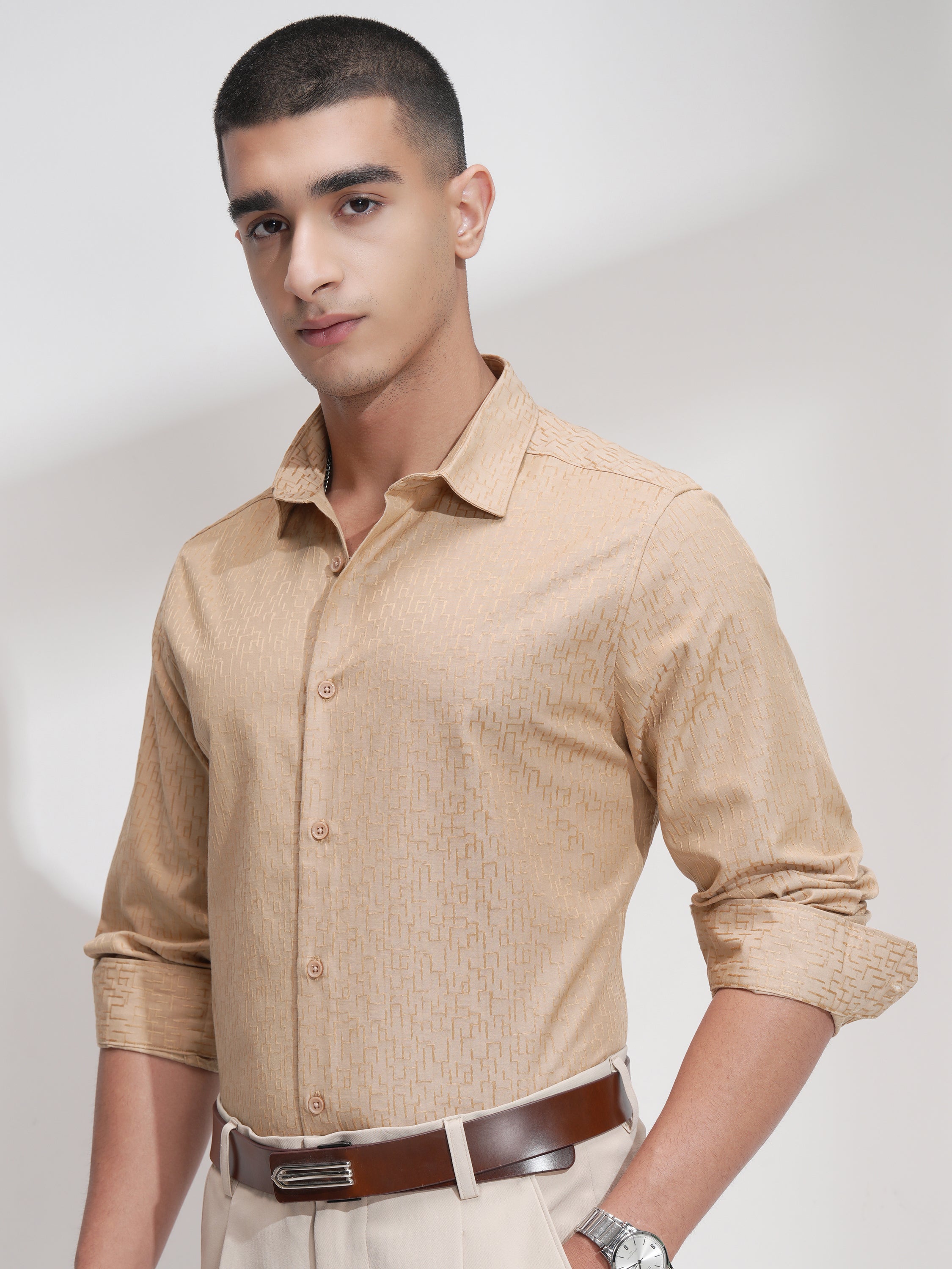 Highlander Men Beige Self Design Slim Fit Casual Shirt - Beige - Image 4
