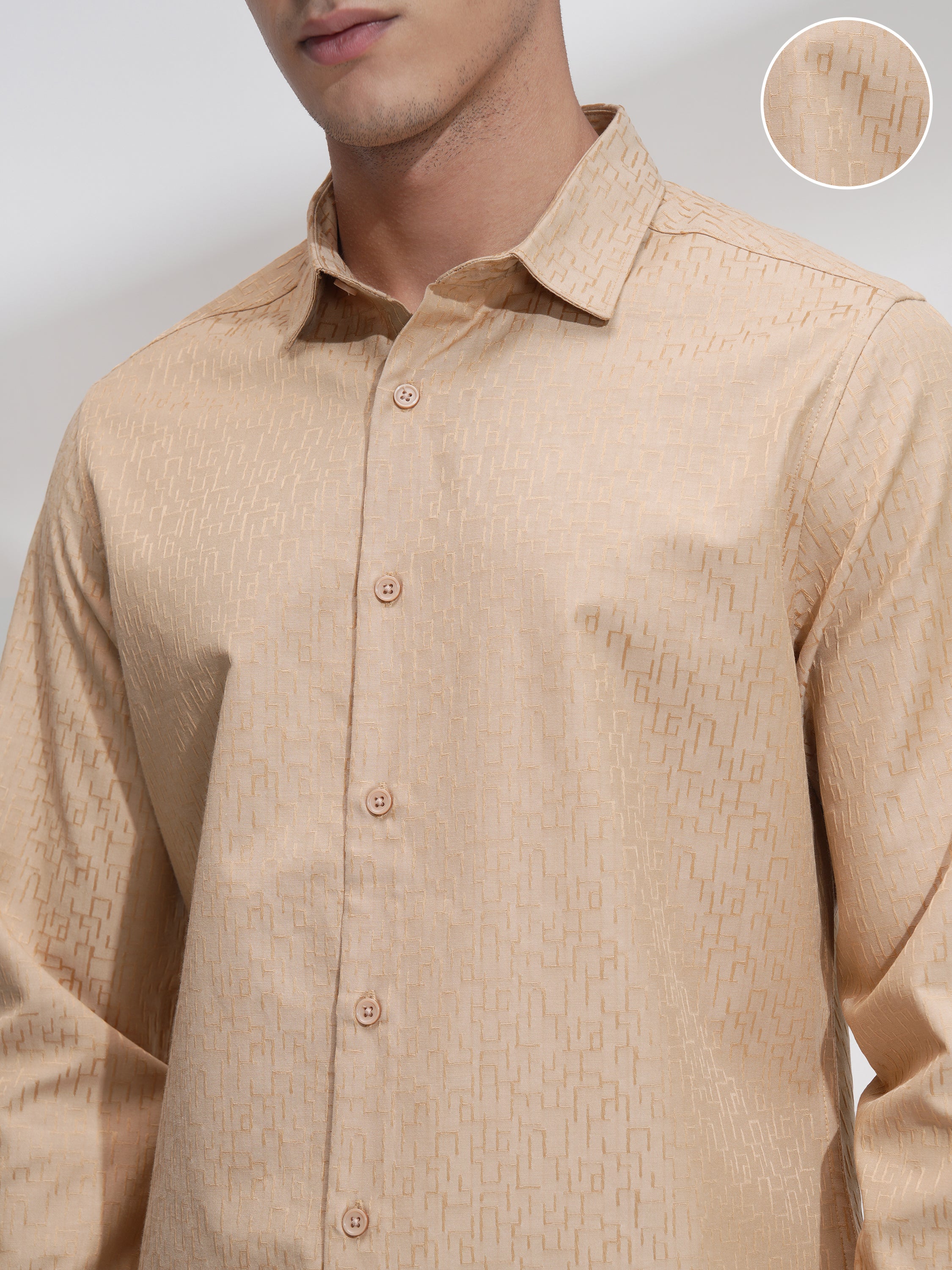 Highlander Men Beige Self Design Slim Fit Casual Shirt - Beige - Image 5