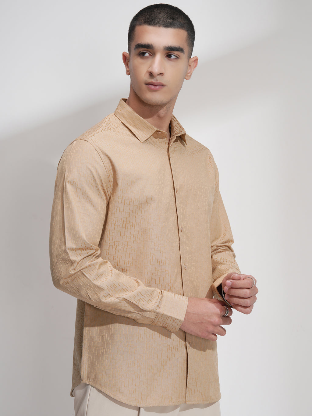 Highlander Men Beige Self Design Slim Fit Casual Shirt - Beige - Image 6