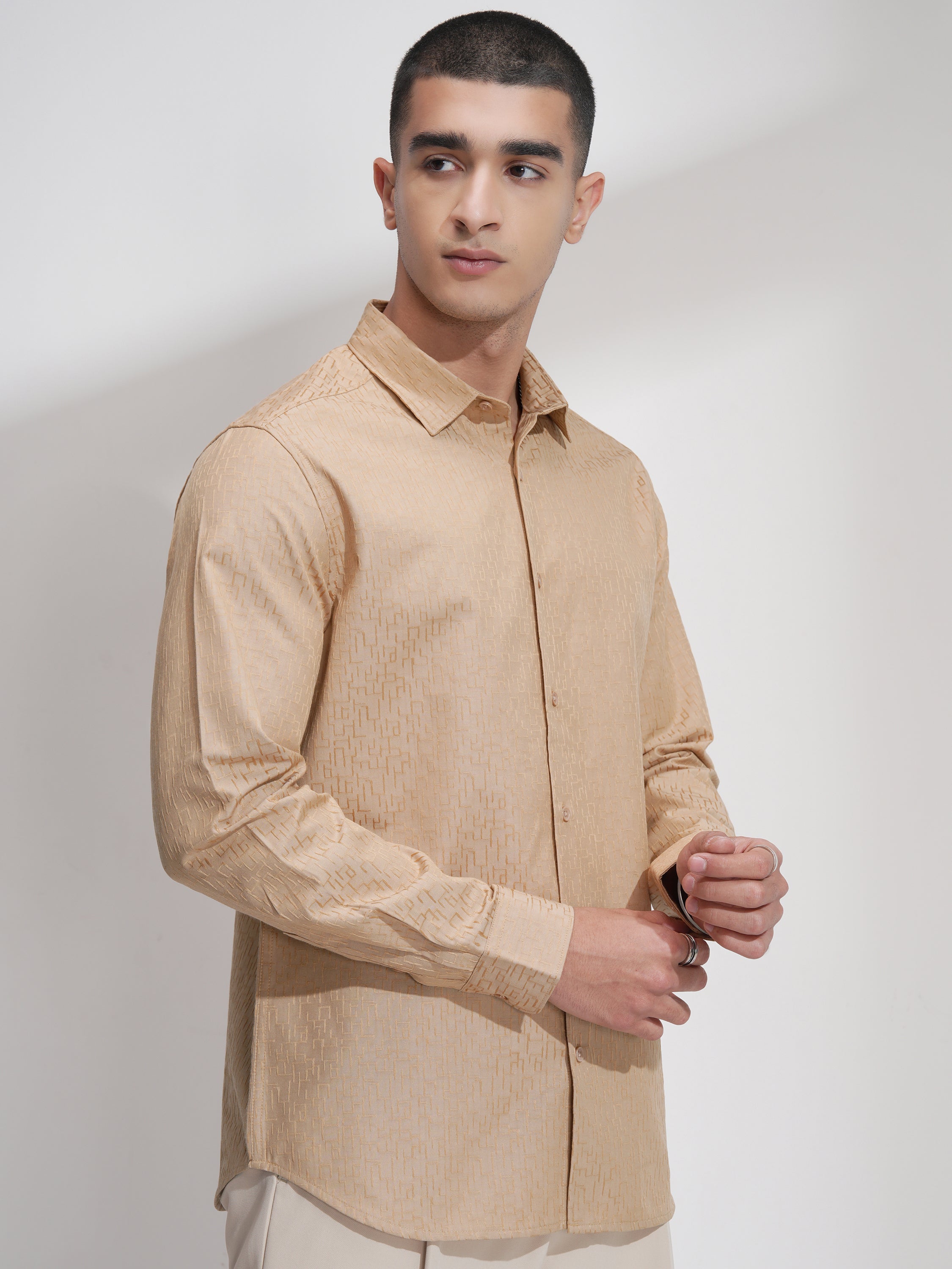 Highlander Men Beige Self Design Slim Fit Casual Shirt - Beige - Image 6