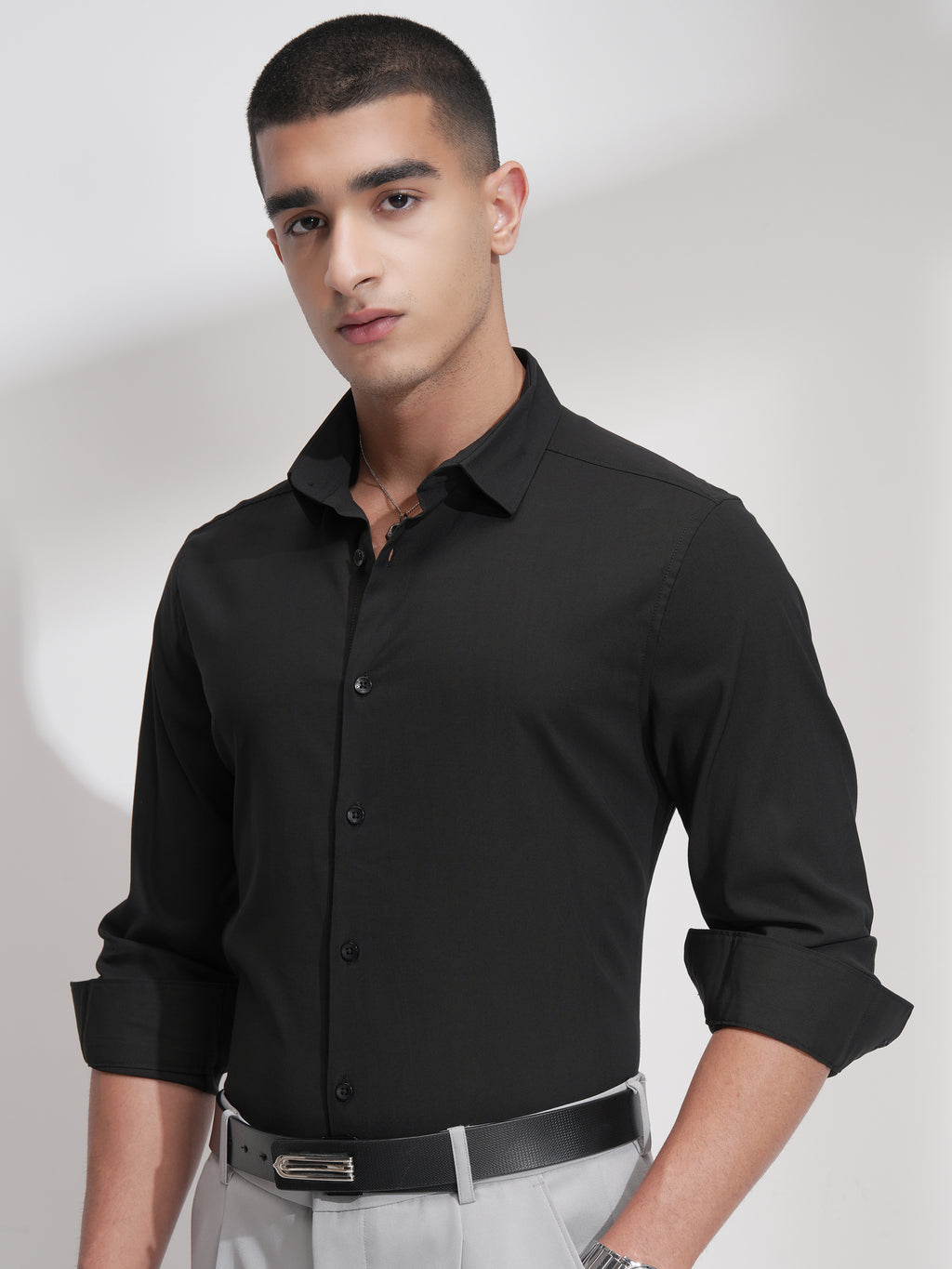 Highlander Men Black Solid Slim Fit Casual Shirt - Black - Image 4