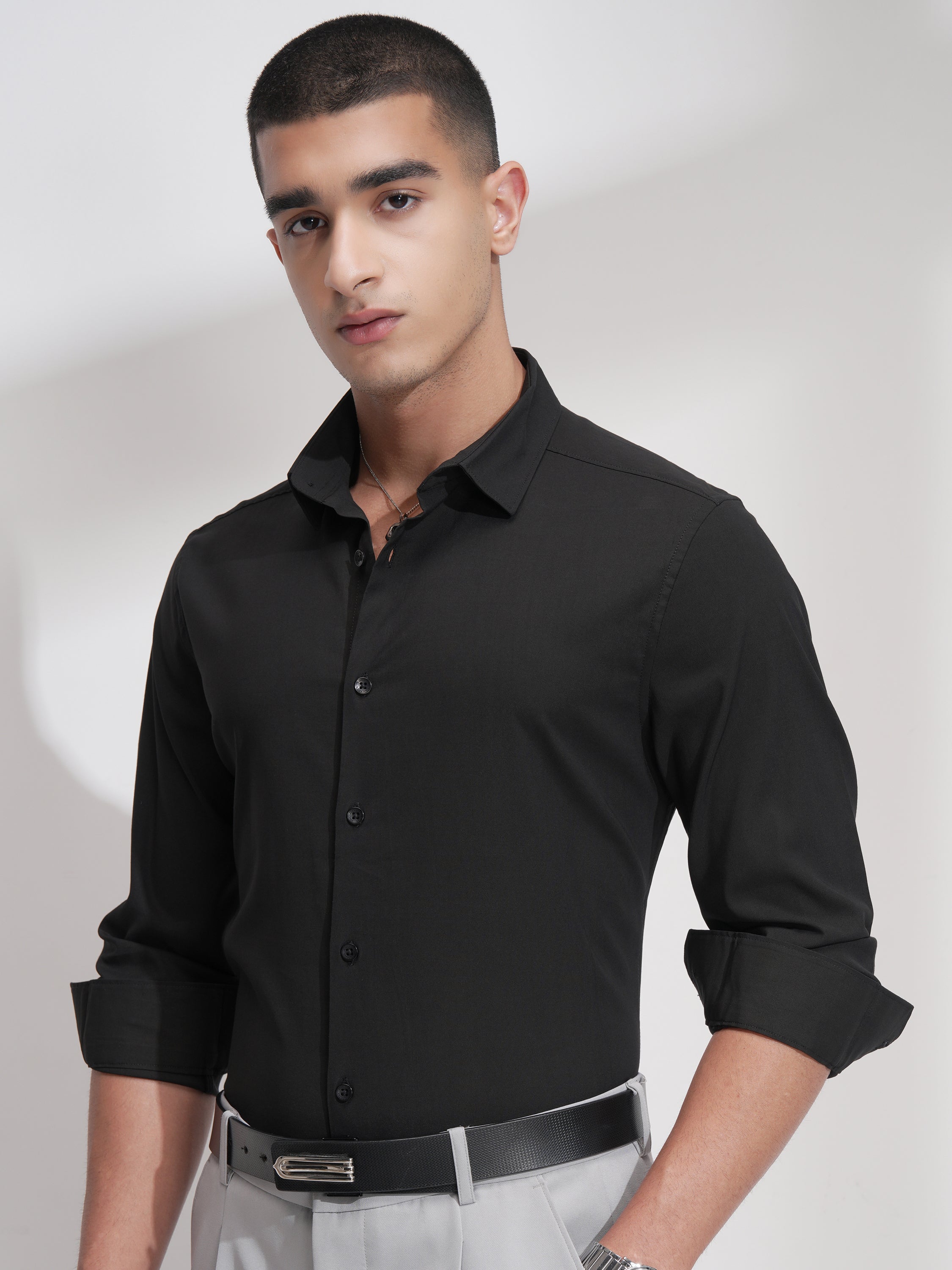 Highlander Men Black Solid Slim Fit Casual Shirt - Black - Image 4