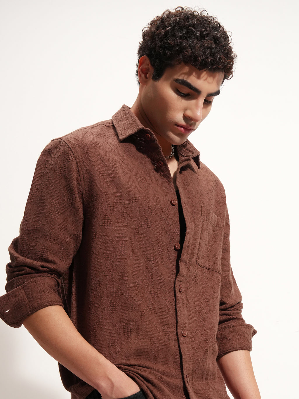 Highlander Men Brown Self Design Relaxed Fit Casual Shirt - Brown - Image 1