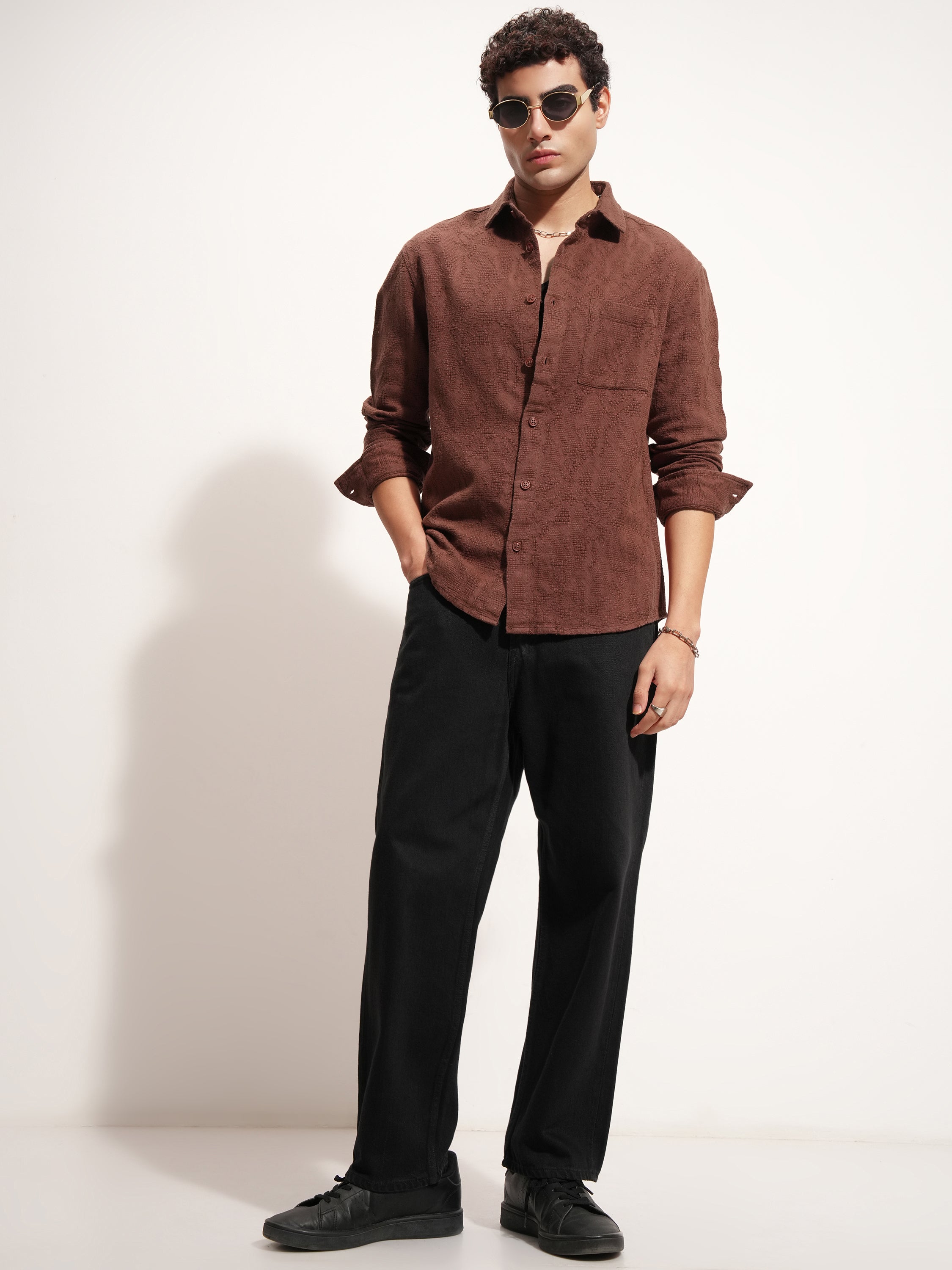 Highlander Men Brown Self Design Relaxed Fit Casual Shirt - Brown - Image 2