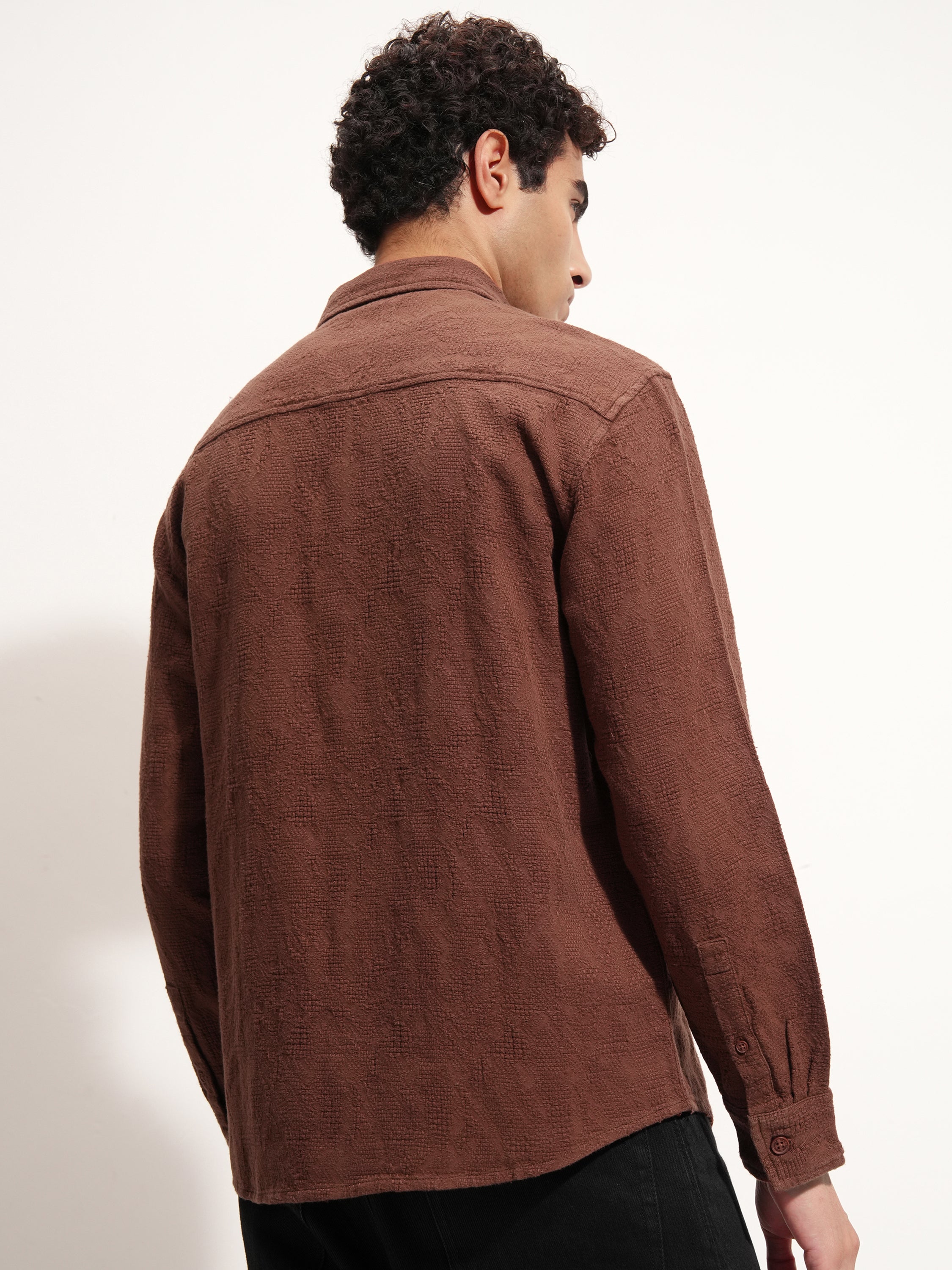 Highlander Men Brown Self Design Relaxed Fit Casual Shirt - Brown - Image 3