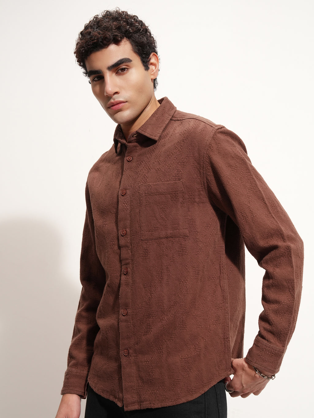 Highlander Men Brown Self Design Relaxed Fit Casual Shirt - Brown - Image 4