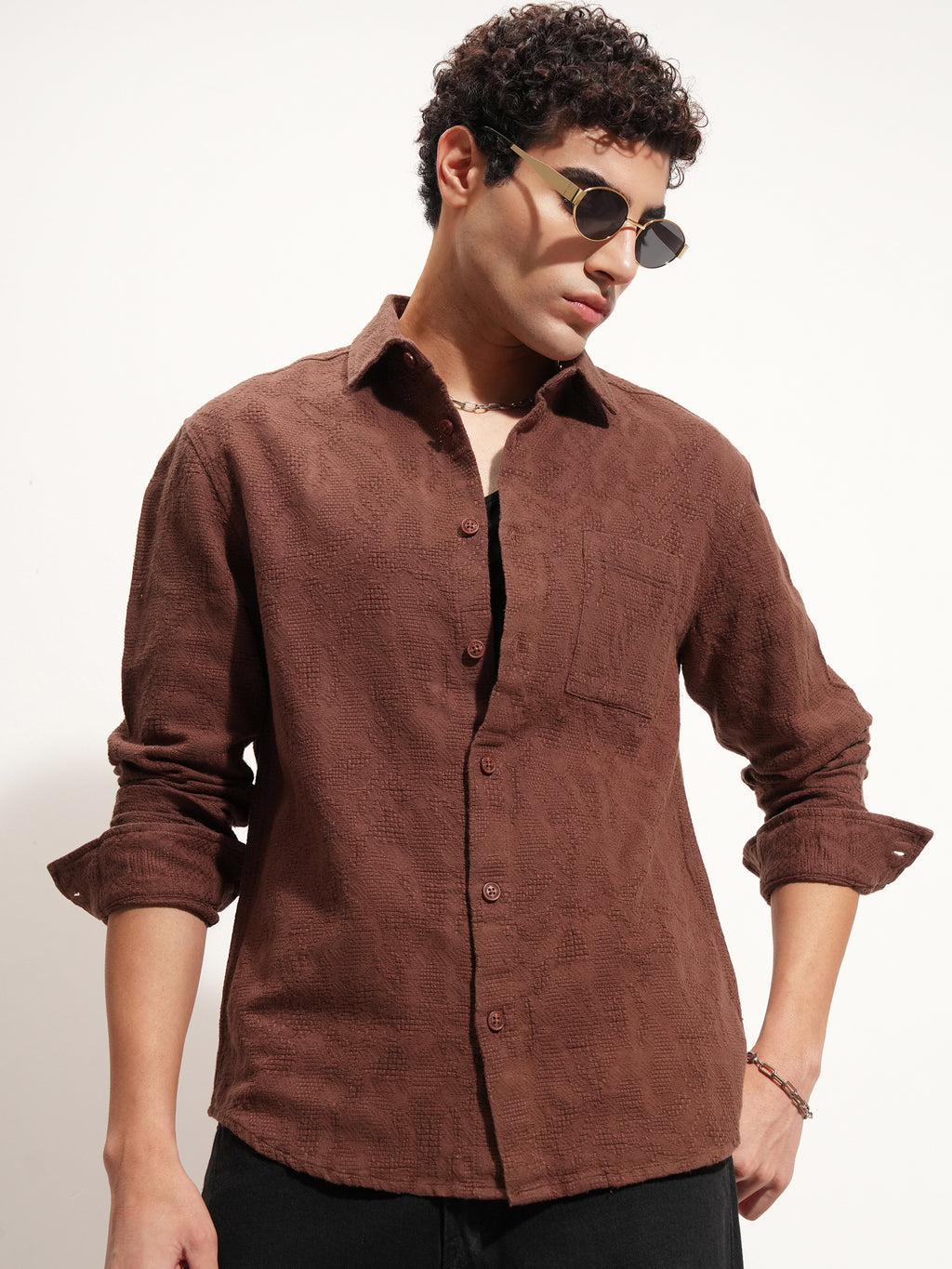 Highlander Men Brown Self Design Relaxed Fit Casual Shirt - Brown - Image 6