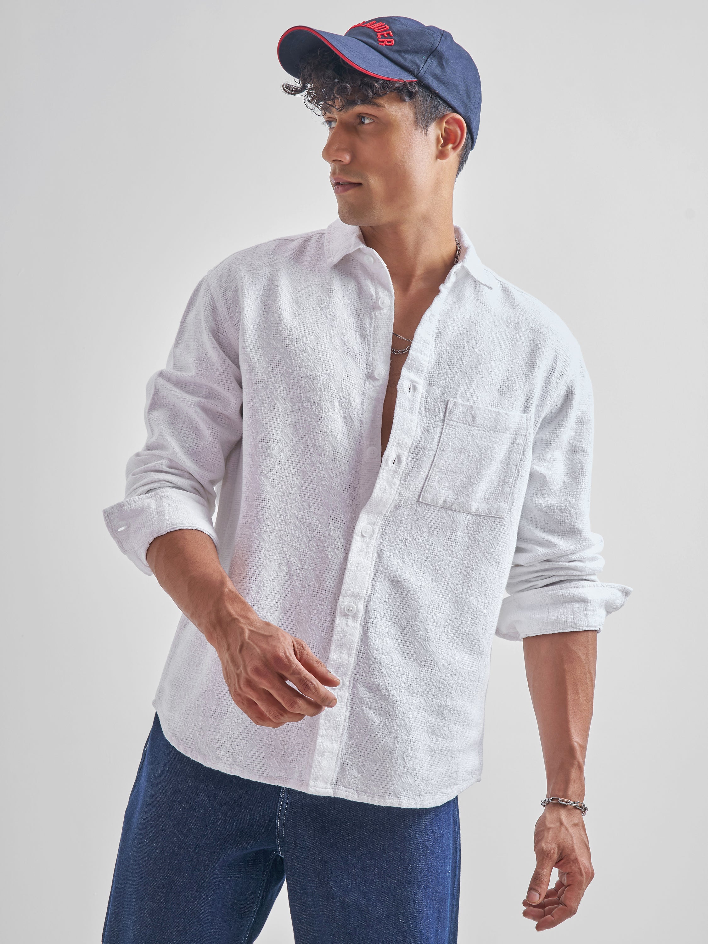 Highlander Men White Self Design Relaxed Fit Casual Shirt - White - Image 1