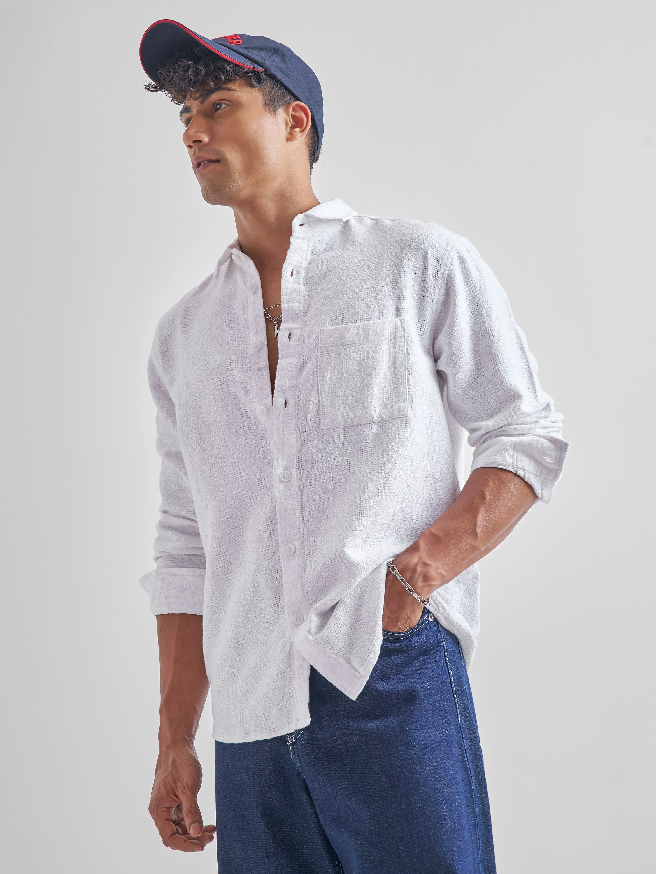 Highlander Men White Self Design Relaxed Fit Casual Shirt - White - Image 4
