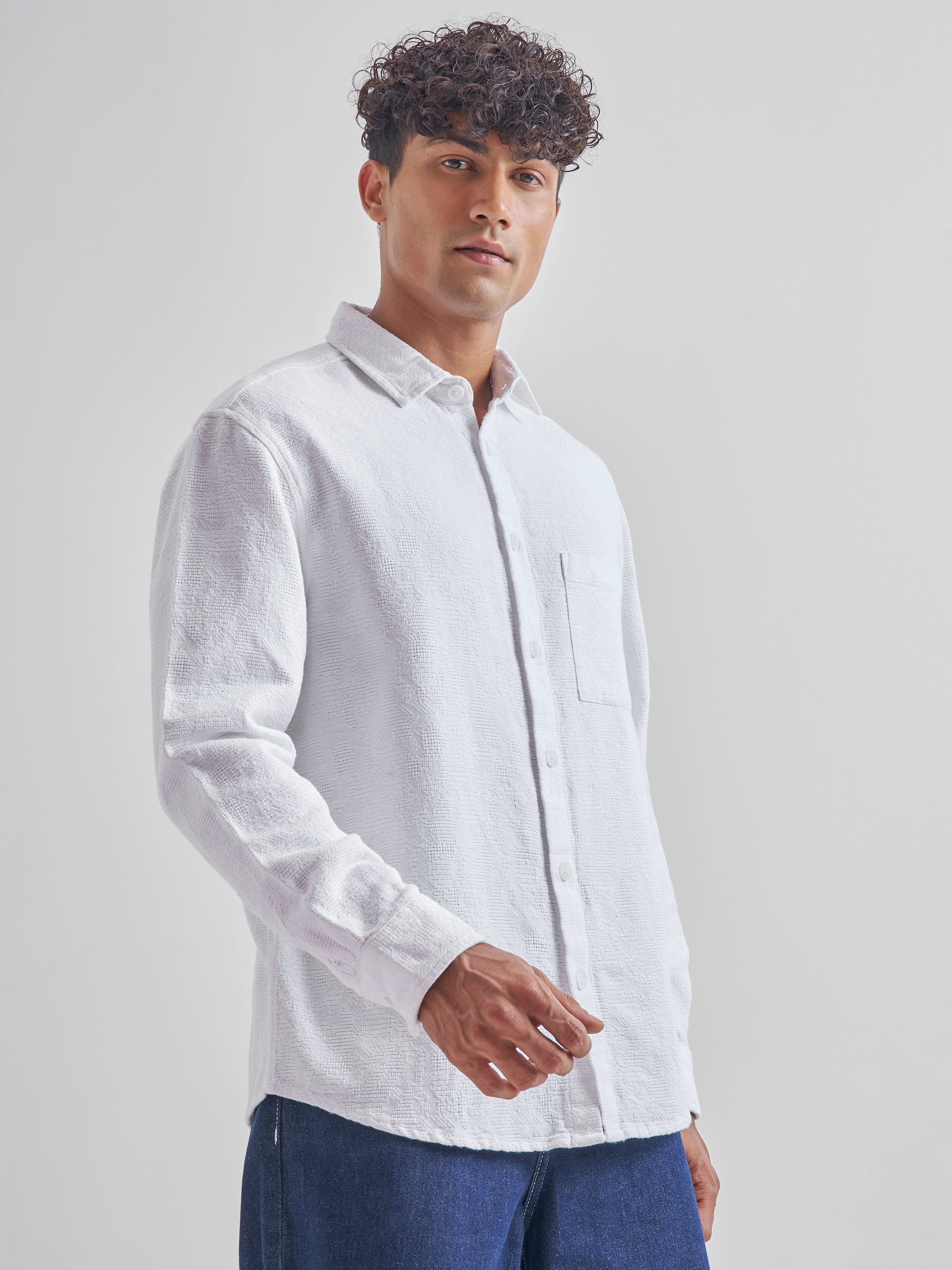 Highlander Men White Self Design Relaxed Fit Casual Shirt - White - Image 6